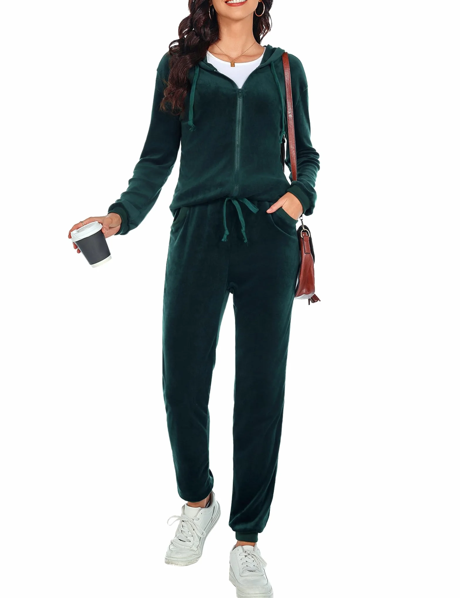 Aottori Damski dres damski aksamit szenil zimowy gimnastyka na co dzień z długim rękawem do domu z długim rękawem dwuczęściowa bluza z kapturem i spodnie