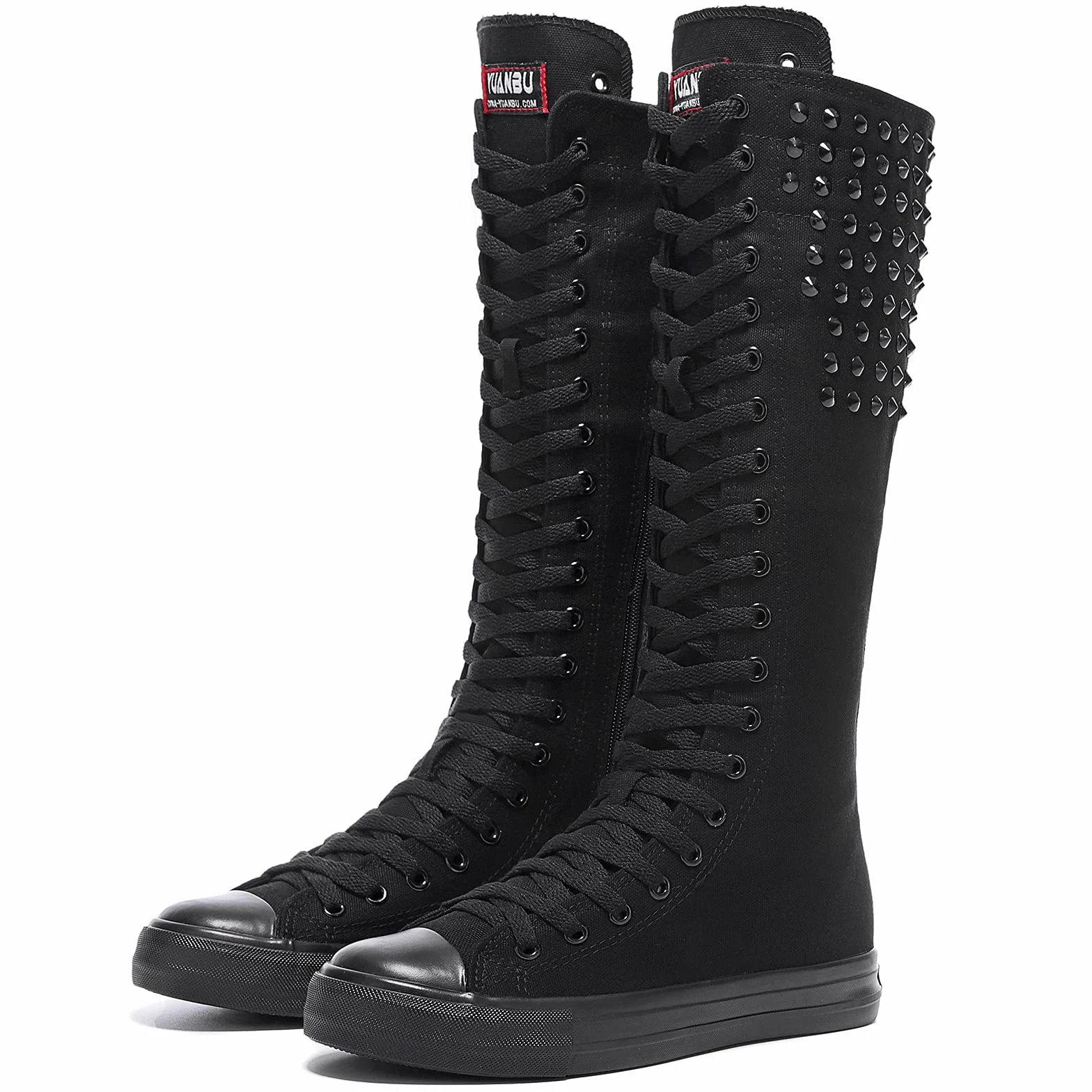 Momuk Styl punkowy, długie nity, buty z płótna żaglowego, wysokość do kolan, swobodne, modne buty rockowe dla kobiet i dziewcząt