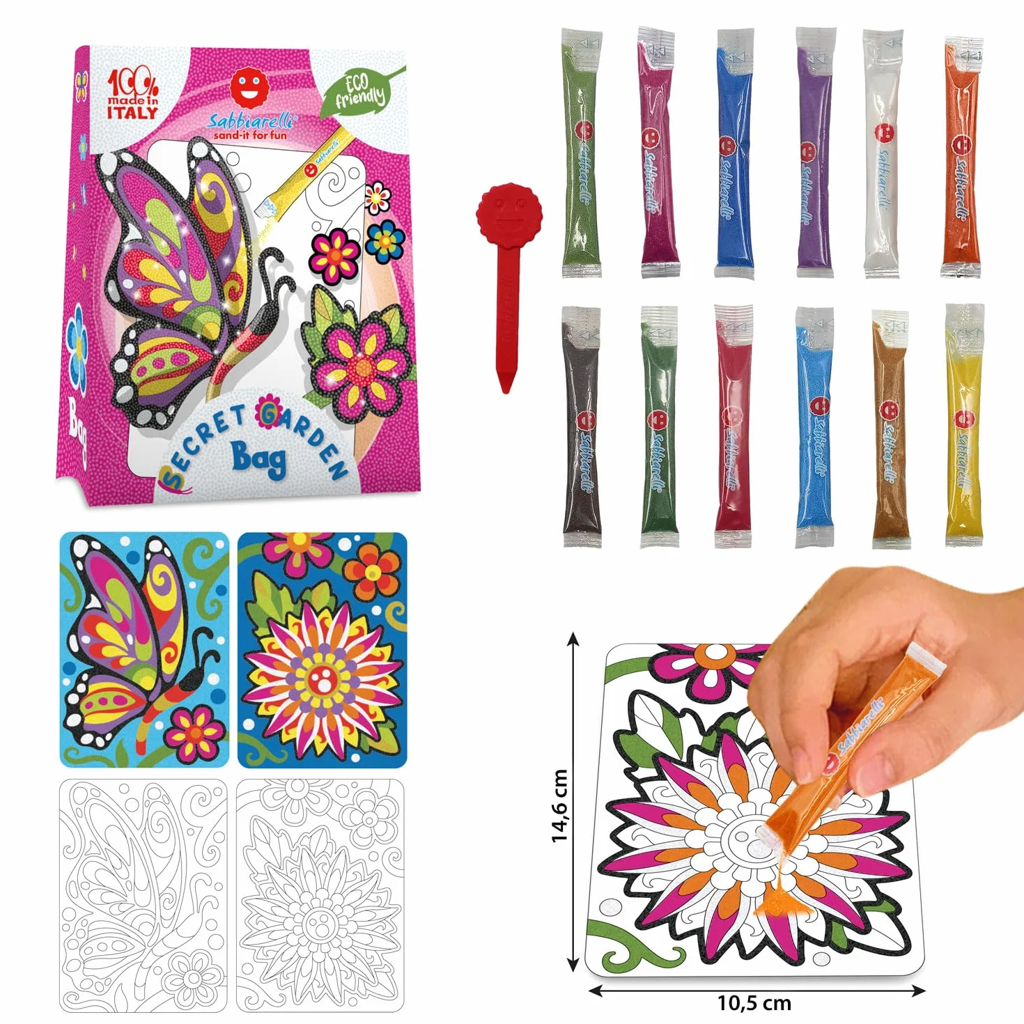 Sabbiarelli Sand-it For Fun – Bag Secret Garden | Mini Kit Sand Art z Kwiatem i Motylem 100% Made in Italy z Kolorowym Piaskiem i Rysunkami Samoprzylepnymi | Hobby 10+