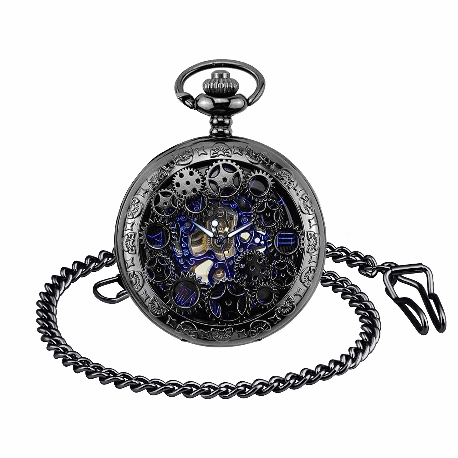 Unendlich U Męski zegarek kieszonkowy z cyframi rzymskimi, z łańcuszkiem, analogowy, ręcznie nakręcany, uniseks, retro, steampunk, mechaniczny, zegarek na łańcuszku, czarny