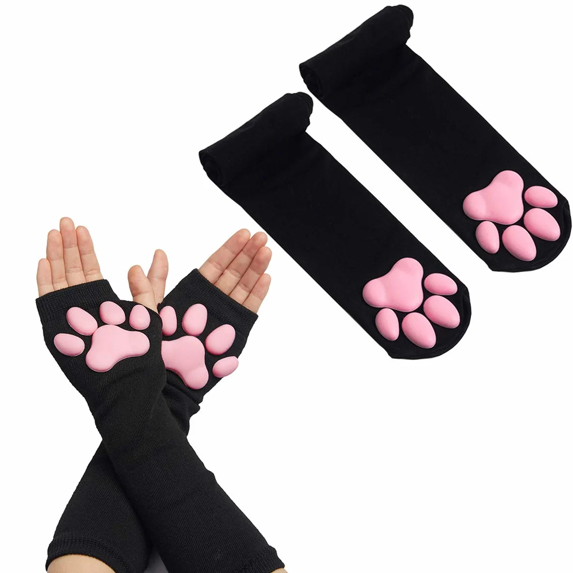 Cat Paw Podkolanówki z rękawiczkami, urocze, miękkie skarpetki 3D z „kocimi łapkami”, zestaw do cosplay dla dziewczyn i kobiet