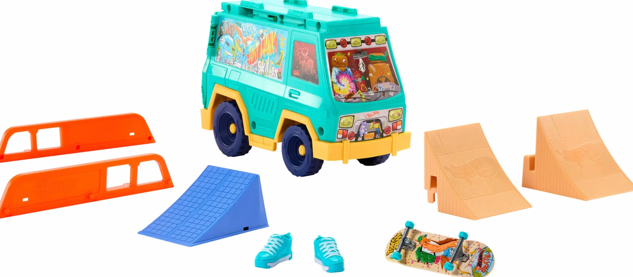 Hot Wheels Skate Van Pojazd i zestaw do zabawy 2 w 1 zaprojektowany we współpracy z Tonym Hawkiem, z wyjątkową deskorolką do jazdy palcami i parą butów na palce, zabawka dla dzieci, JGG91
