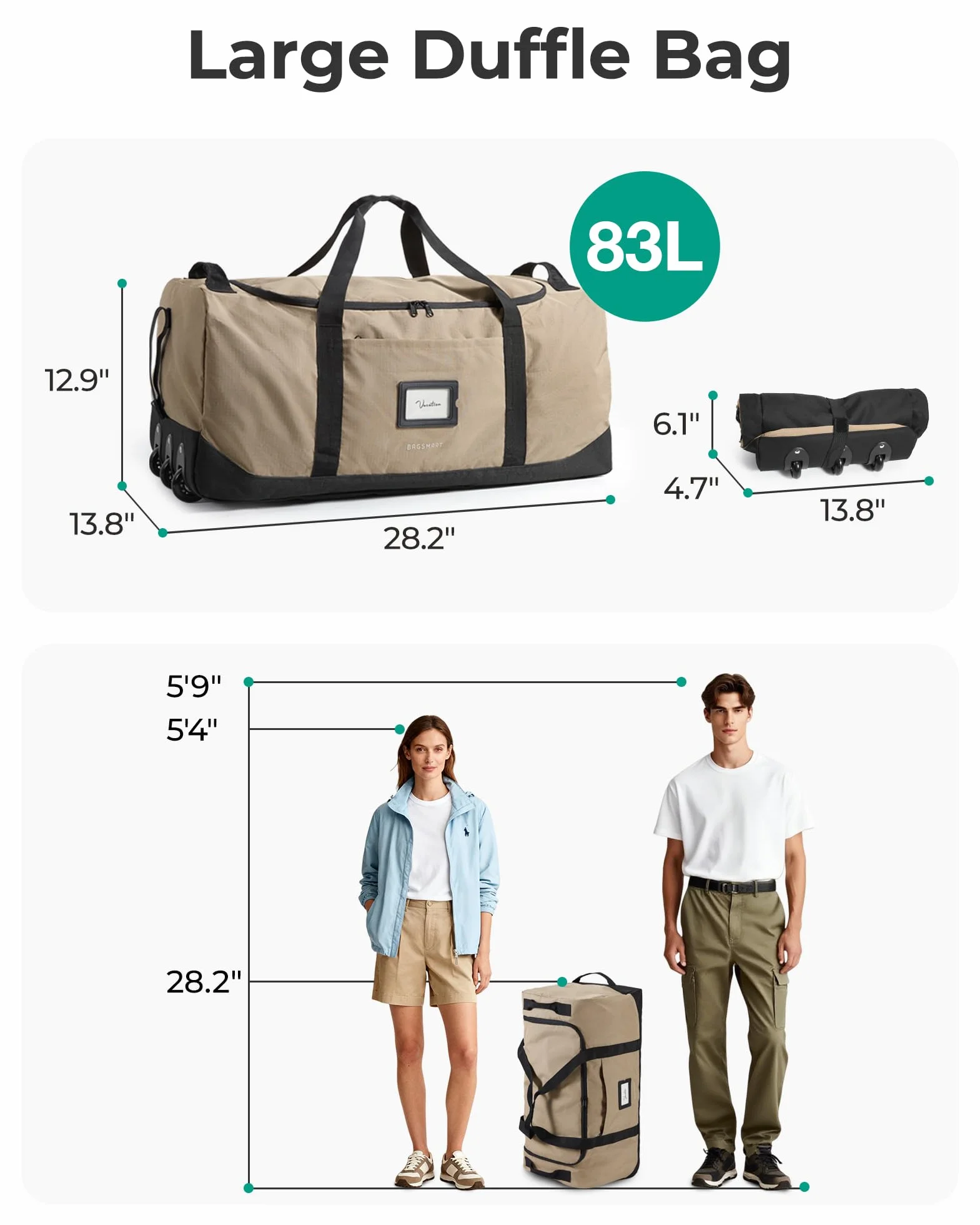 BAGSMART Składana torba podróżna na kółkach, 80 l, lekka torba sportowa, 3 rolki, duża torba podróżna dla mężczyzn i kobiet, może być zwinięta i przechowywana, zieleń wodorostów