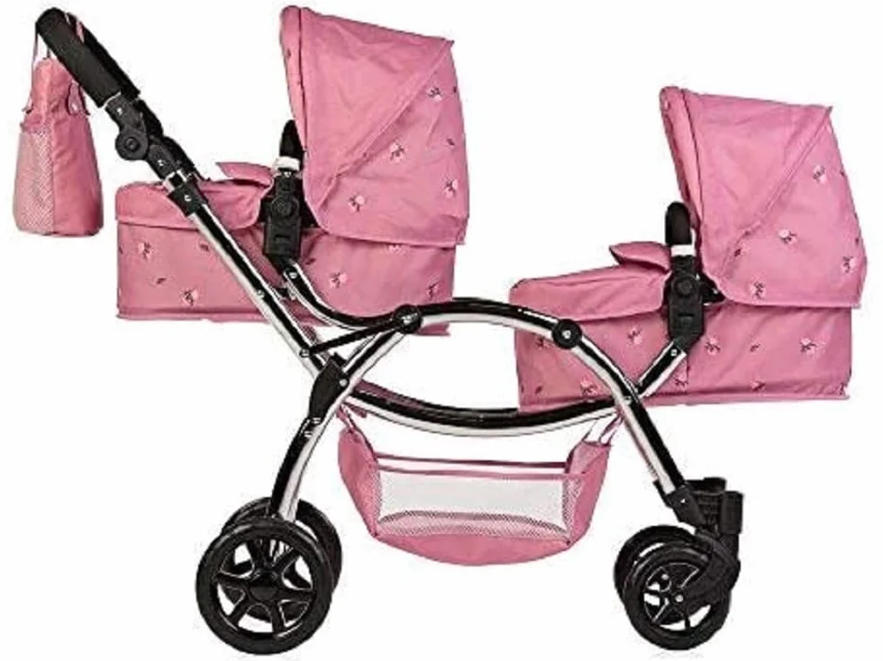 Roma Darcie Twin Dolls wózek dziecięcy w kolorze różowym, odpowiedni dla dzieci w wieku od 3 do 16 lat, regulowana wysokość uchwytu, 16 kombinacji, podwójna zabawka dla lalek na Boże Narodzenie,