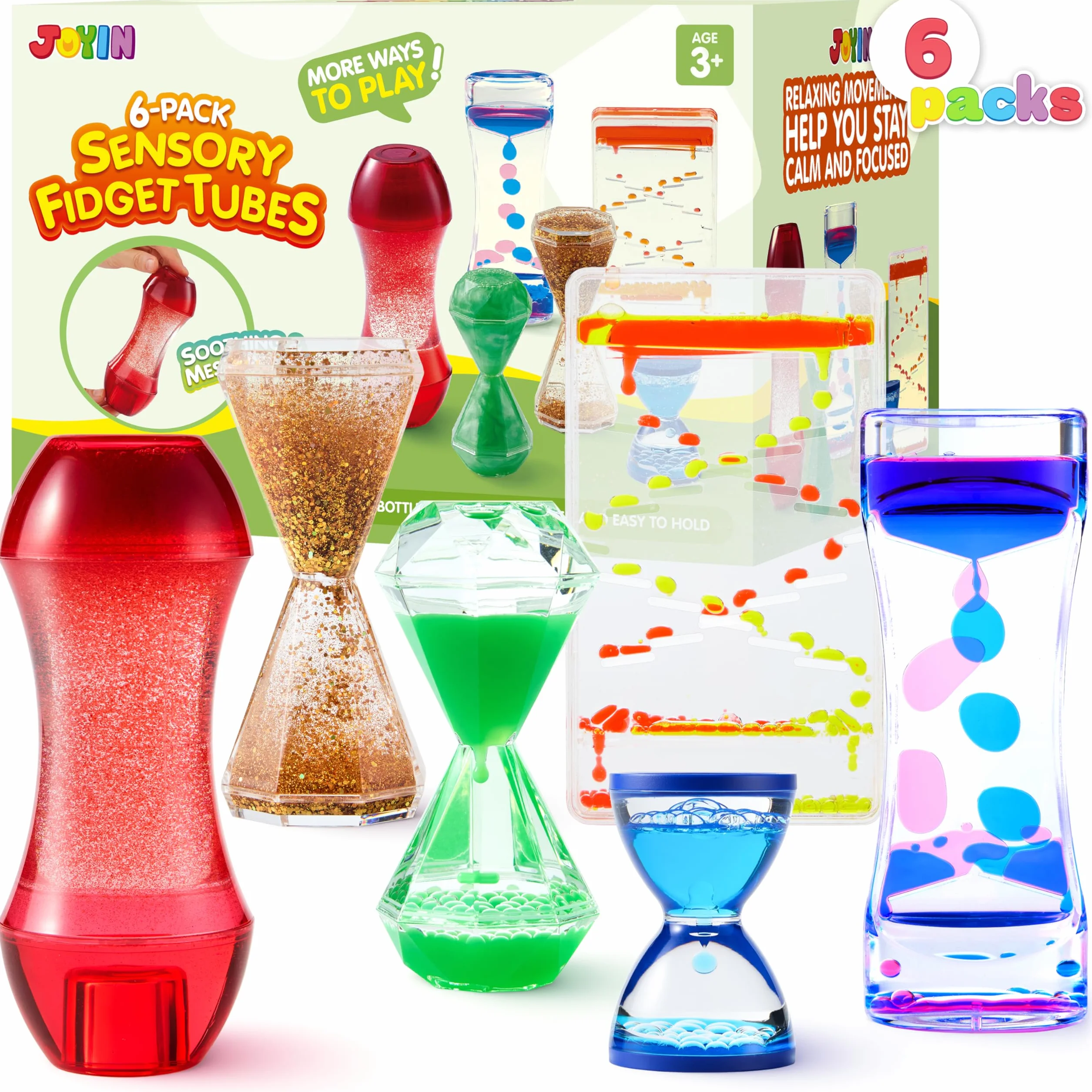 JOYIN 6 szt. sensoryczne zabawki Fidget Tubes dla dzieci z autyzmem, upominki na urodziny dzieci, kojące butelki sensoryczne z wodą przeciwko stresowi, cicha zabawka do klasycznego narożnika