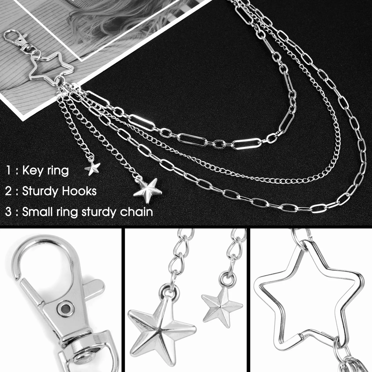 OOTSR Spodnie Gwiazda Wisiorek Łańcuszek Punkowe Moda Pasek do Dżinsów dla Mężczyzn i Kobiet, 10x7x1, Metal Nieszlachetny, Bez Kamieni Szlachetnych
