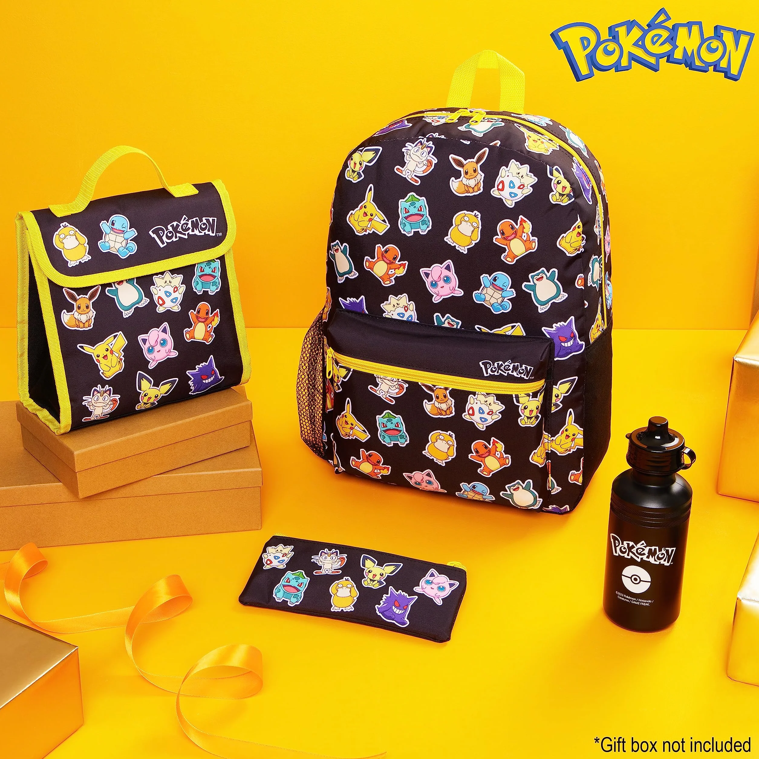 Pokémon Plecaki Zestaw dla dzieci, 4-częściowy tornister, kosz na drugie śniadanie, piórnik, butelka na wodę (czarny/wielokolorowy)