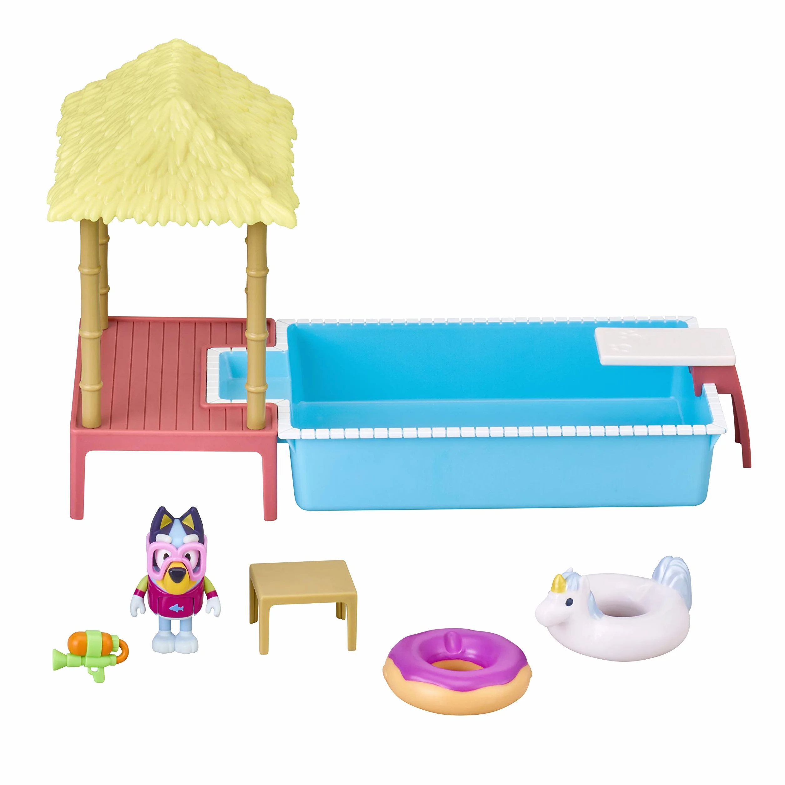 Bluey Pool Time Fun Playset: Bluey figure in Swim Suit, Pool with Diving Board and Deck and 4 Pool Accessories