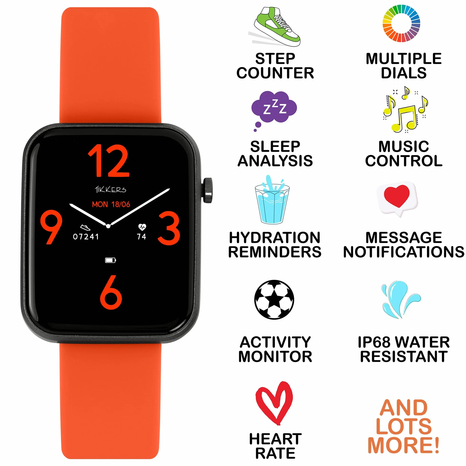 Tikkers Kids Series 13 Smart Watch z trackerem fitness, budzikiem, kamerą, połączeniem GPS, pulsometrem, licznikiem kroków, ekranem dotykowym, pomarańczowym paskiem silikonowym, pomarańczowy, Jeden