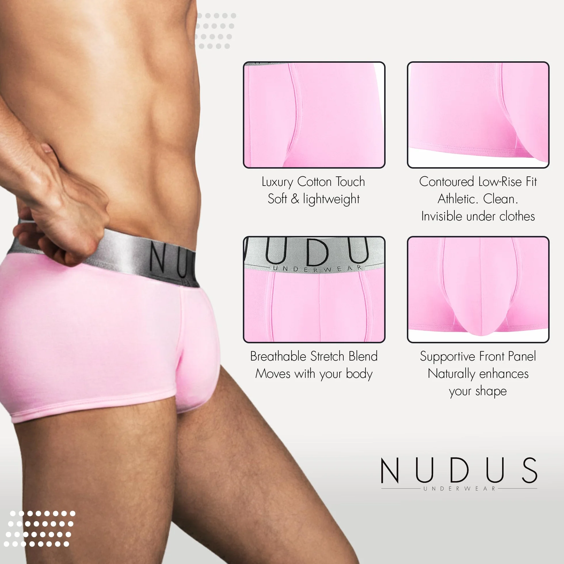 NUDUS Premium męska bielizna – 4-pak miękkiej bawełnianej bielizny dla mężczyzn, niskiego stanu, lekka i oddychająca
