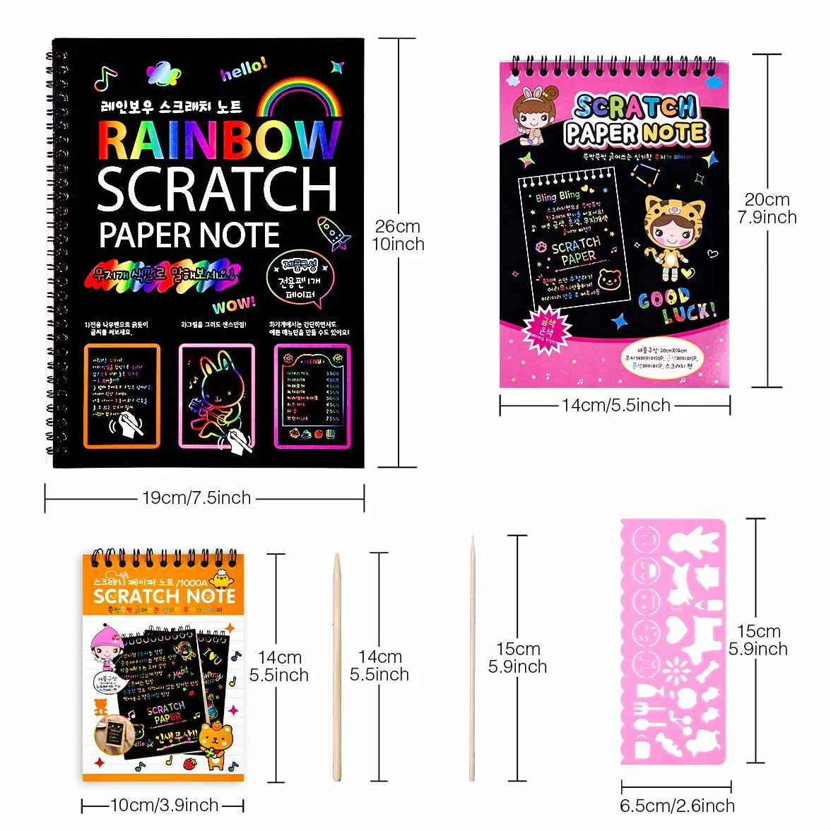 MELLIEX Scratch Art Notes for Bambini, Set di 3 Blocco da Disegno Arcobaleno Scratch Paper Con 6 Penne Stilografiche in Legno e 4 Righelli Da Disegno dla Disegni, Giochi e Scrittura