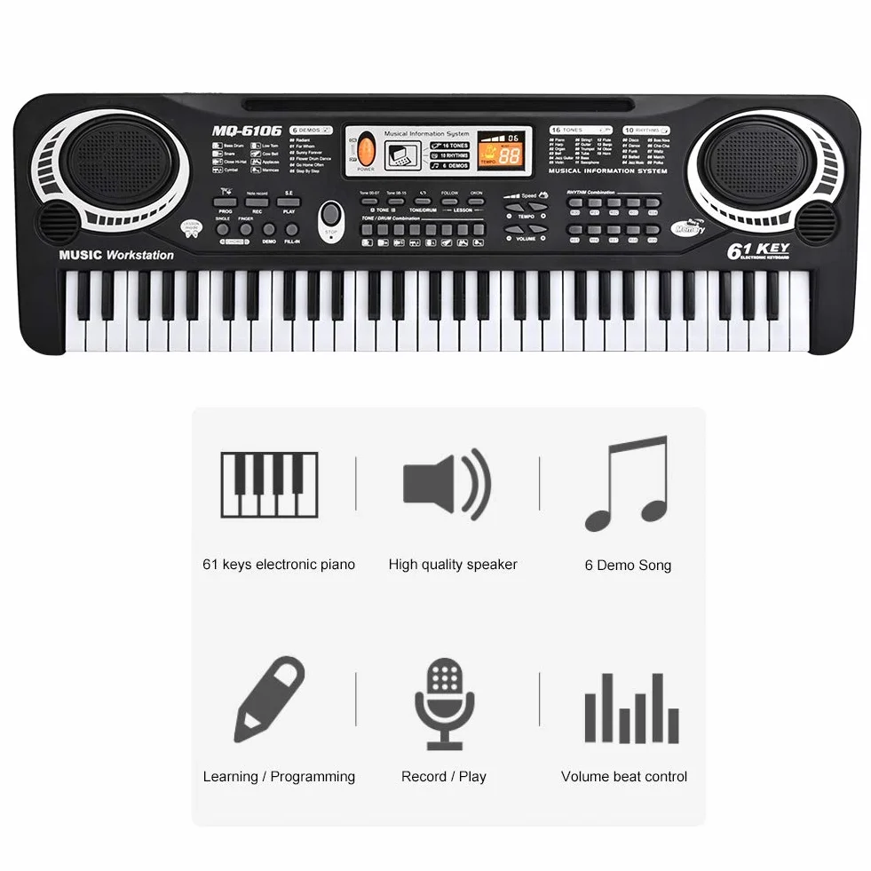 Pianino cyfrowe 61 klawiszy, przenośne pianino cyfrowe z mini mikrofonem dla dzieci, z 6 prezentacjami, regulacją rytmu i głośności, 54 x 17,5 x 5,5 cm