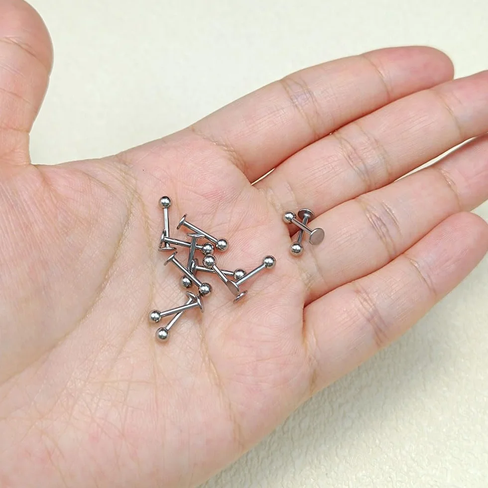 12 kolczyków do warg, 1,2 mm, stal chirurgiczna, piercing wargi, labret, helix, tragus, srebrny, złoty, czarny, 6 mm, 8 mm, 10 mm, 12 mm