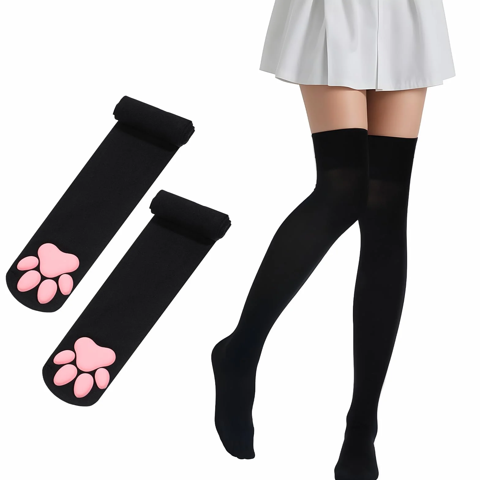 Lusofie Skarpety z łapą kota dla kobiet urocze wysokie skarpety do ud Kawaii miękkie 3D skarpety z łapą kota do kostek skarpety do kolan do cosplayu na Halloween, Czarny, Medium-Large