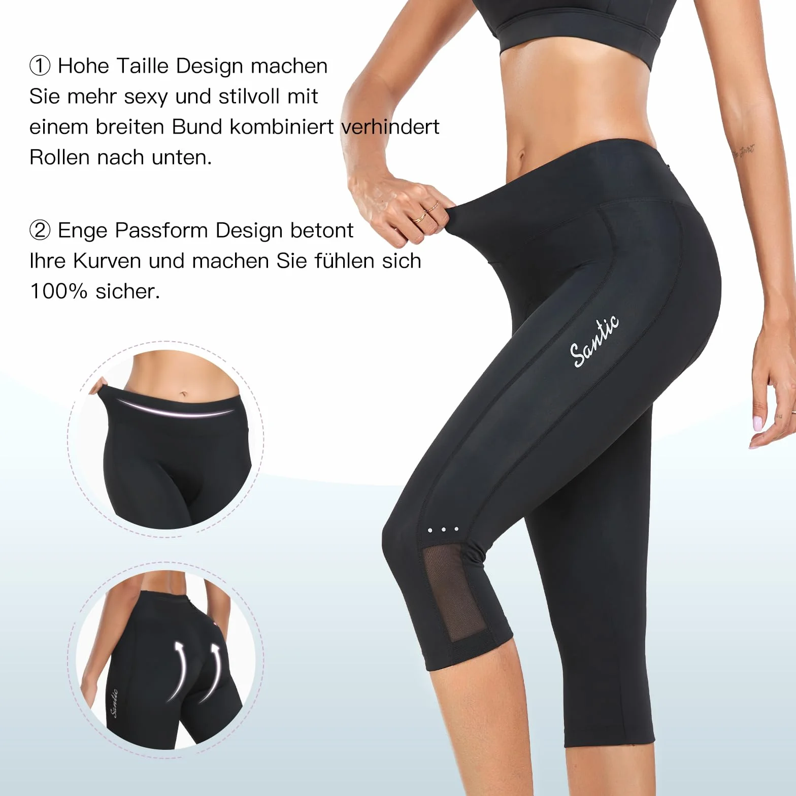 Santic Damskie spodnie rowerowe 3/4, wyściełane spodenki do jazdy na rowerze, legginsy do jazdy na rowerze, elastyczne, szybkoschnące, oddychające, czarne