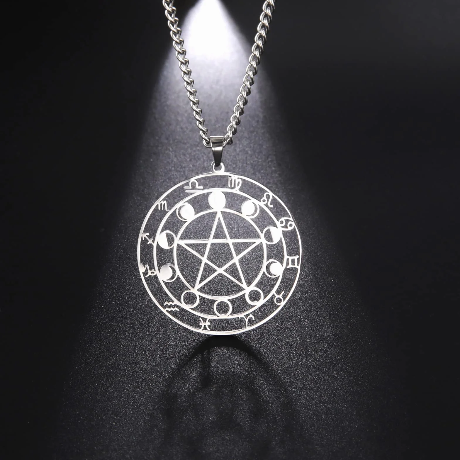 Dreamtimes Naszyjnik z wisiorkiem ze stali nierdzewnej, pentagram, 12 konstelacji, wisiorek celtycka, gwiazda, księżyc, wiccan, pogański naszyjnik, magiczny amulet, biżuteria dla mężczyzn i kobiet