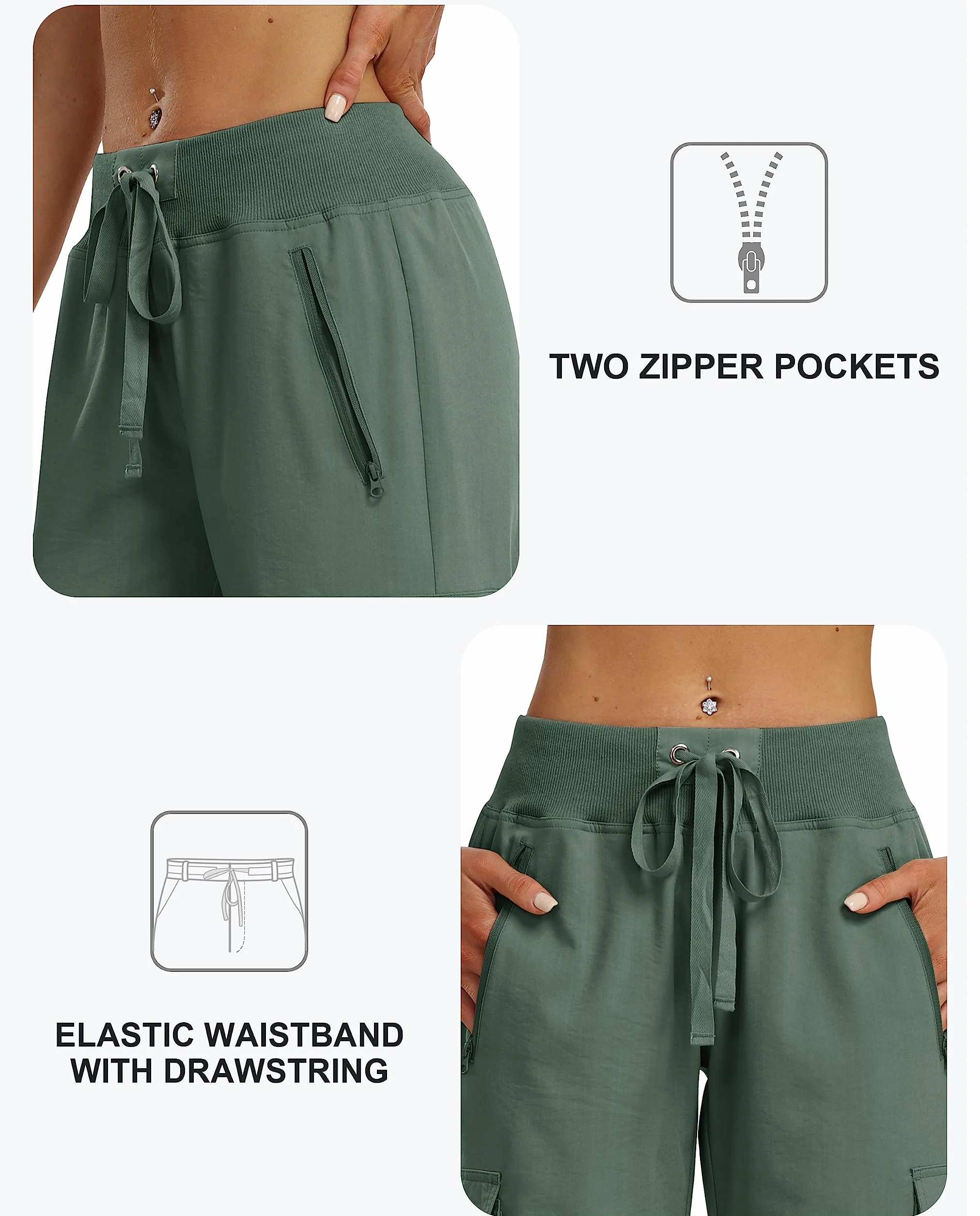 MoFiz Spodnie damskie na lato, spodnie cargo 3/4, długie spodnie Capri, outdoorowe spodnie trekkingowe, oddychające, spodnie rekreacyjne z kieszenią na zamek błyskawiczny
