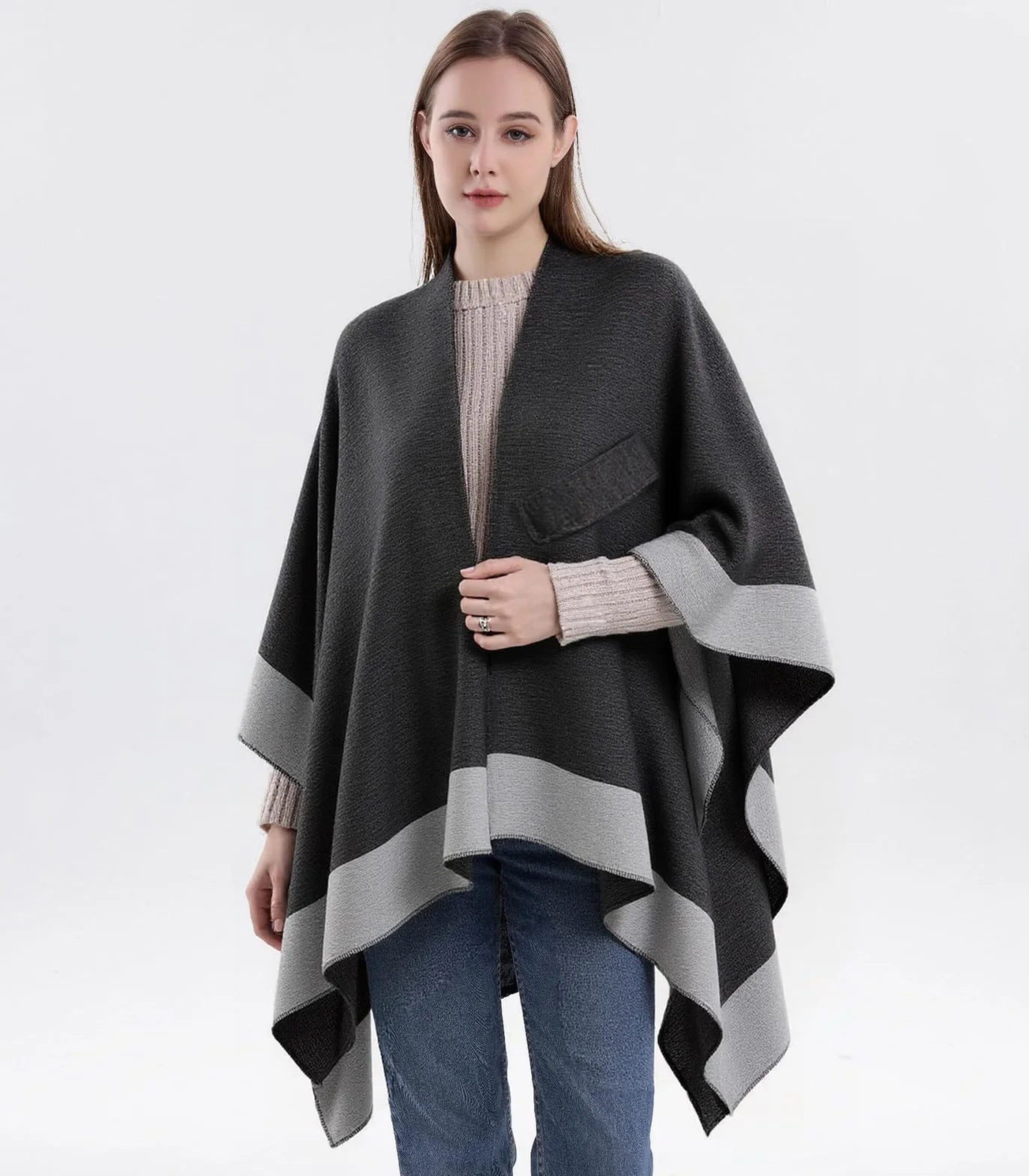 Damski szal z krzyżem z przodu, eleganckie dzianinowe ponczo dwustronne, oversize, dzianinowy koc, ciepły zimowy szalik kardigan na wieczór