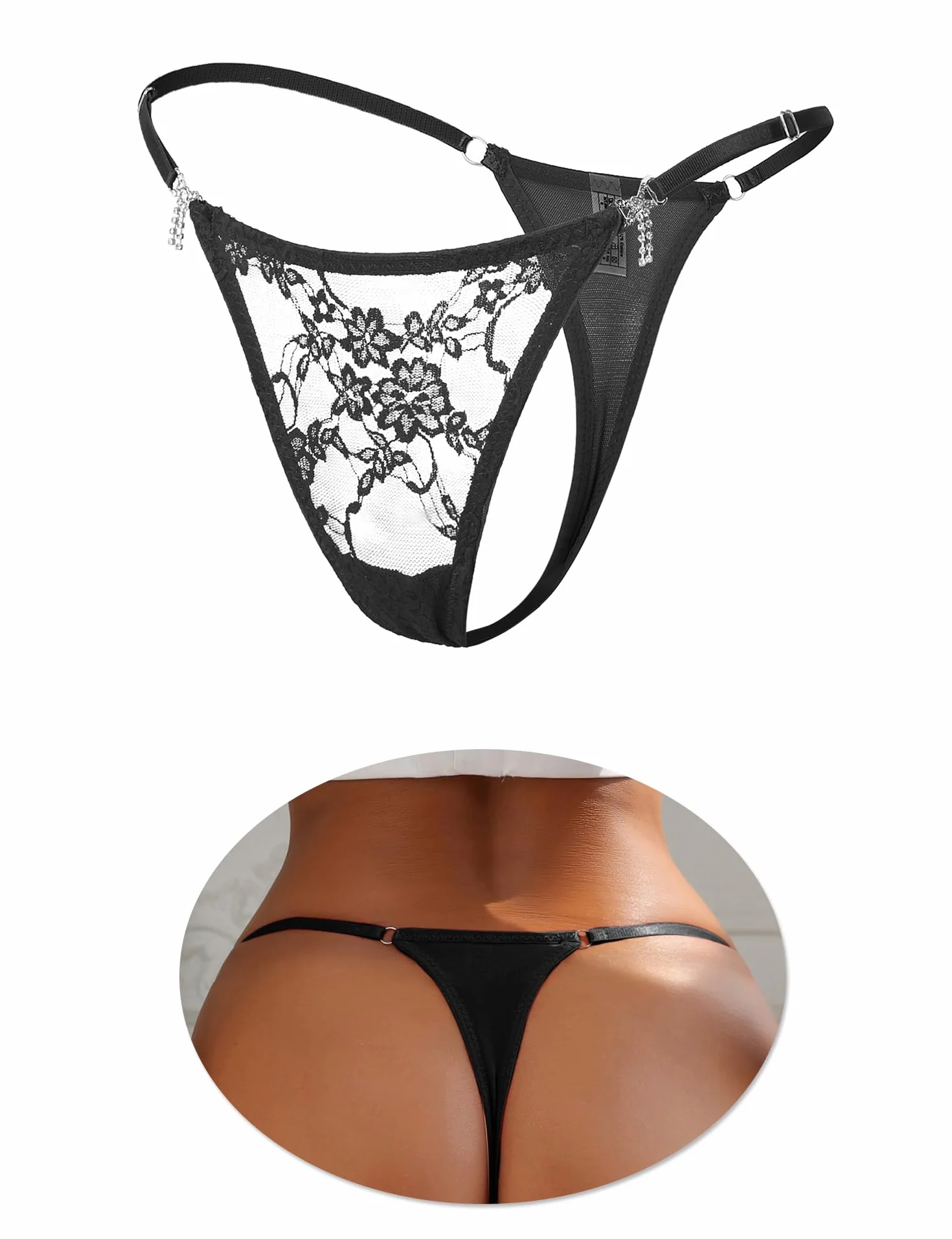 ohmydear Damskie stringi koronkowe ze strasem, niska talia, stringi typu G z tyłu, bielizna erotyczna, majtki dla kobiet, oddychające, cienkie stringi, duże rozmiary