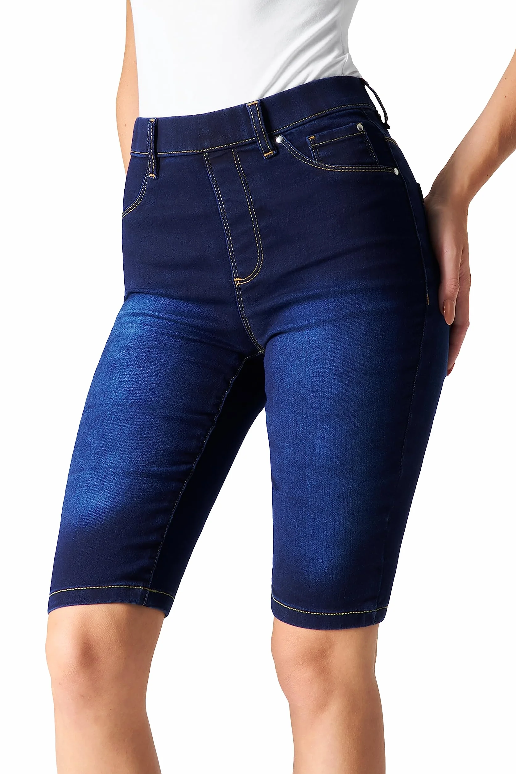 CityComfort Szorty Damskie nastolatki Letnie spodenki jeansowe Jegging dla kobiet Spodenki do kolan Wakacyjny, 8-20 Elastyczne spodenki do kolan z wysokim stanem Elastyczny pas (ciemnoniebieski, 16)