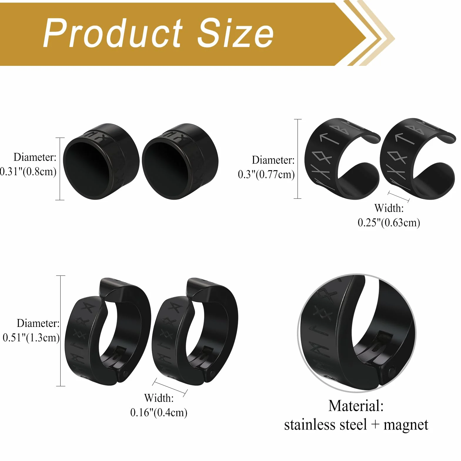 Flongo Zestaw magnetycznych kolczyków wikińskich: Damskie Męskie czarne bez przekłuwania 3 pary magnetyczne fałszywe kolczyki stal nierdzewna czarne klips do ucha bez przekłuwania nausznica fałszywy