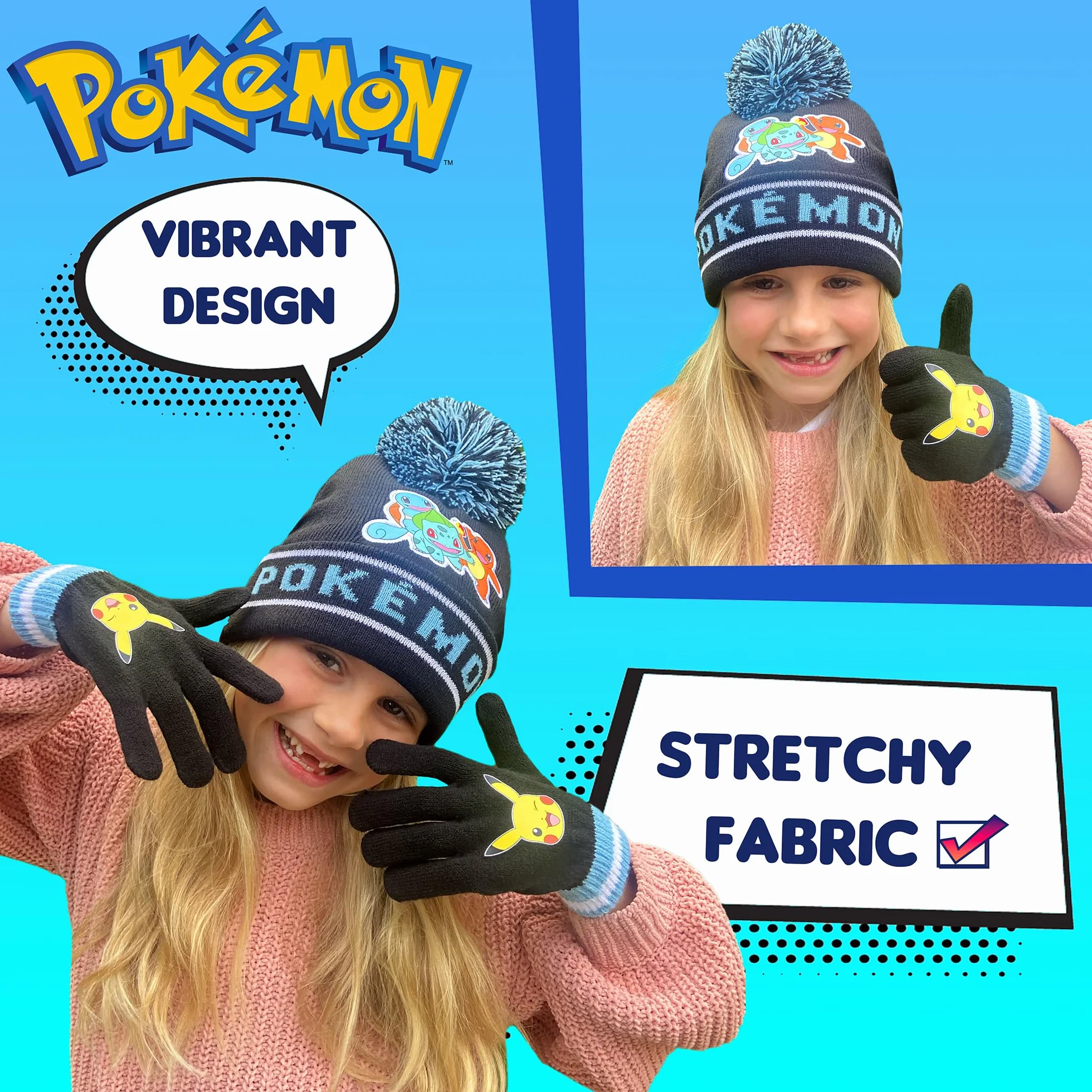 Pokemon Zimowa ciepła i wygodna czapka beanie i rękawiczki zestaw dla chłopców - wzór pikachu - idealny dla chłopców w wieku 6-12 lat - zestaw upominkowy