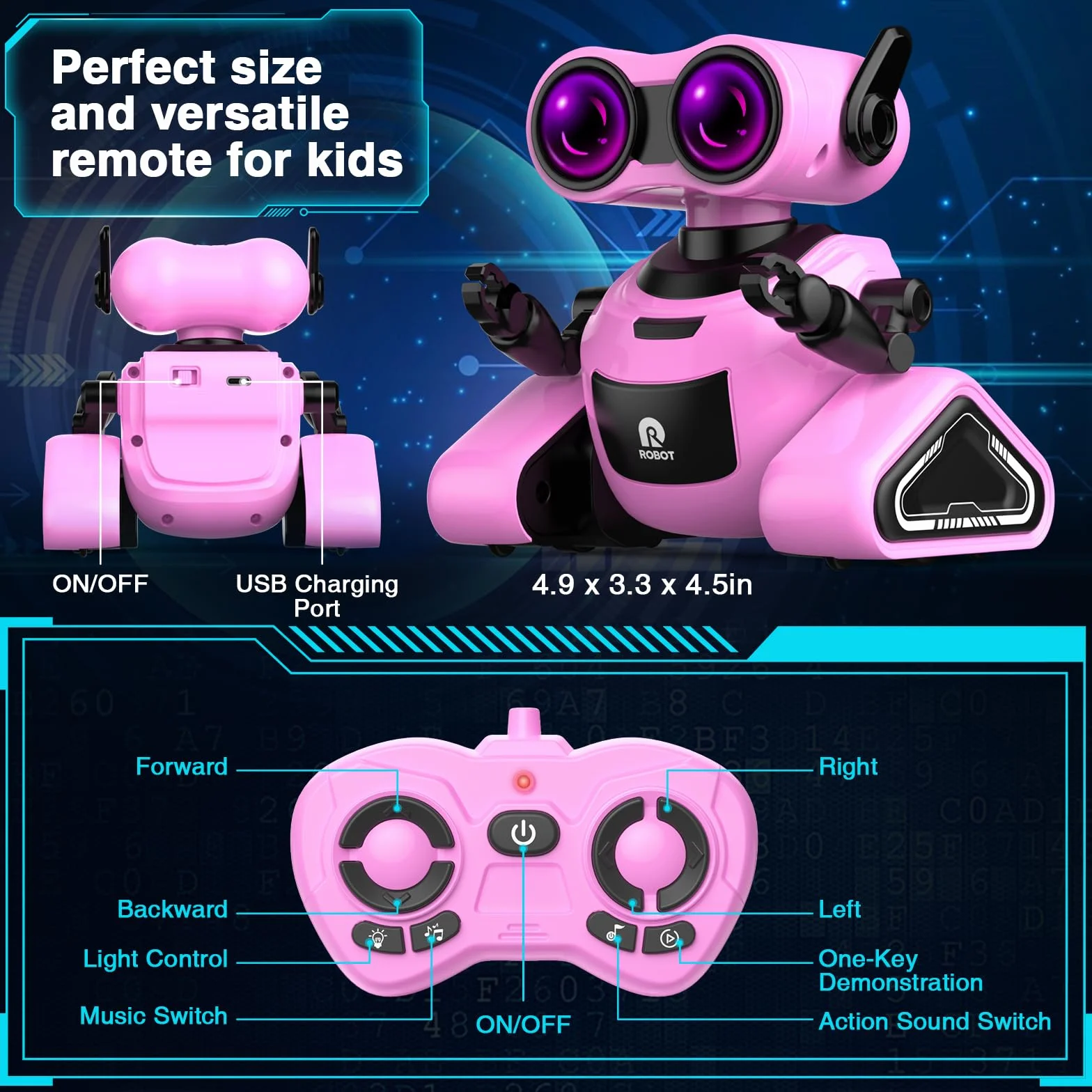 Yerloa Robot Zabawka dla Dzieci, Ładowalny Inteligentny Pilot Zdalnego Sterowania, Tańczące Spacery i Muzyka, RC Robot z Naklejką dla Dziewcząt i Chłopców