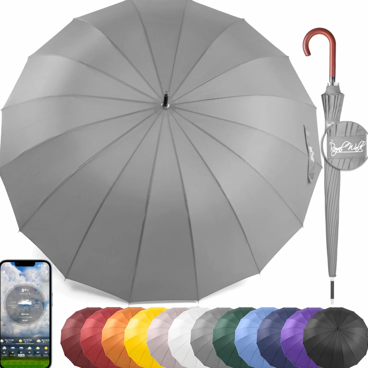 Royal Walk wiatroszczelny, duży parasol golfowy dla 2 osób dorosłych, automatyczne otwieranie, odporny na wiatr, klasyczny drewniany uchwyt, szybkoschnący, 16 mocnych żeberek, 137 cm, szary
