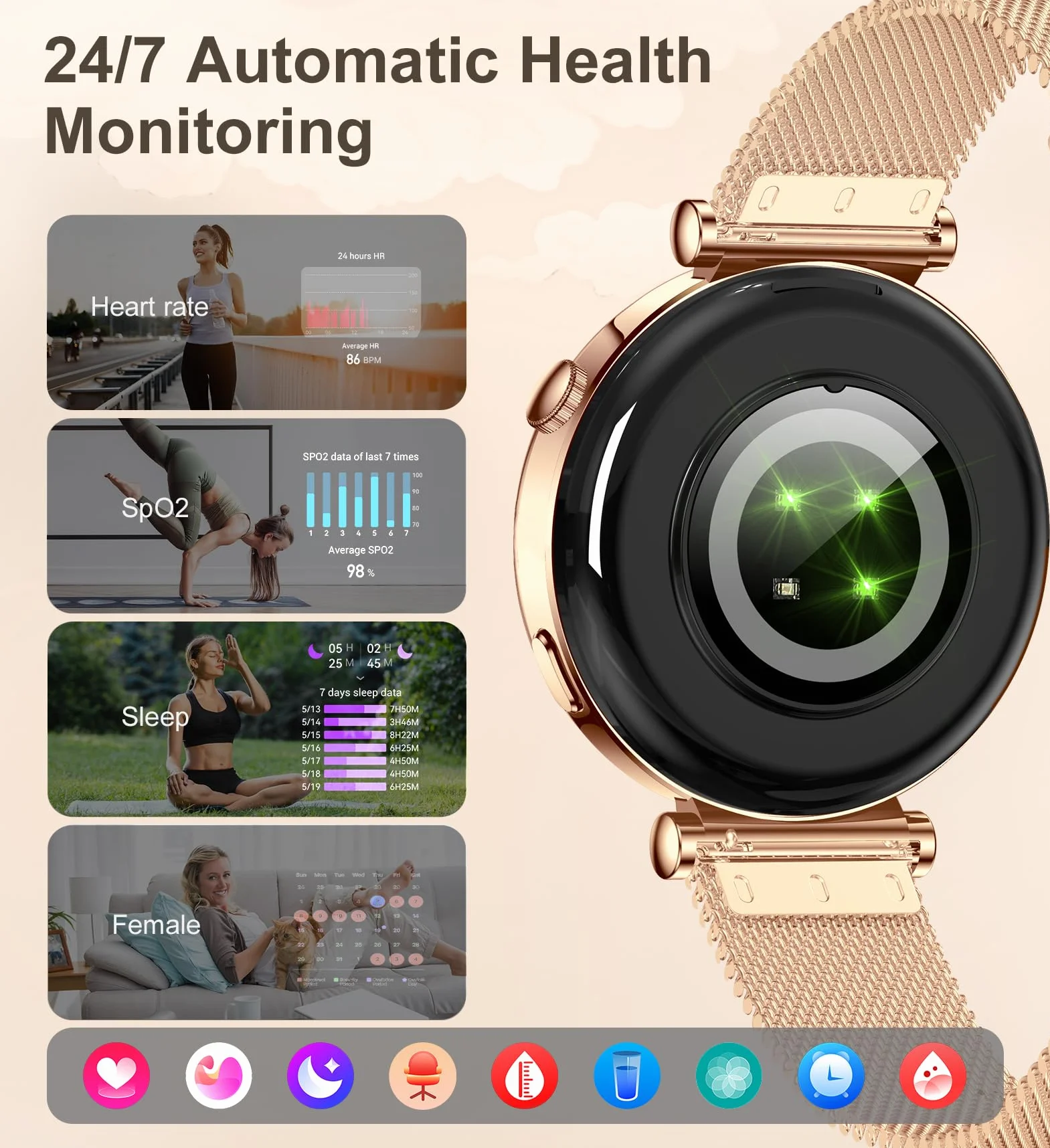 Smartwatch damski z funkcją telefonu, 1,27" HD ekran dotykowy 41 mm, tracker fitness z 100+ trybami sportowymi, monitorem cyklu menstruacyjnego, monitorem snu, krokomierzem, okrągły Smart Watch do iOS