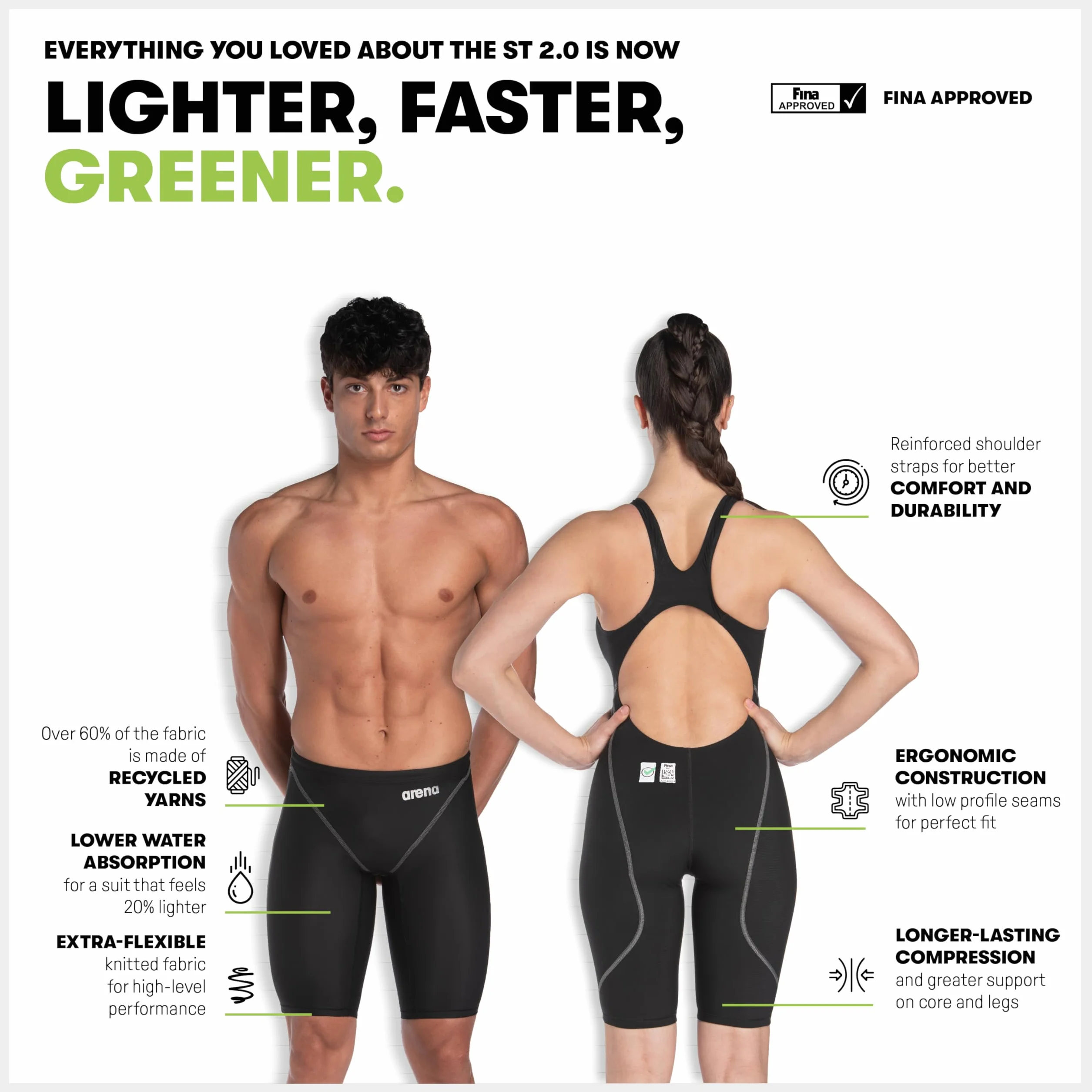 ARENA Jednoczęściowa podszewka ze wzmocnionymi paskami na ramiona Kobiety Powerskin St Next One Piece Fina Approved Tech Suit Recycled Fabric Swimsuit (1 w zestawie)