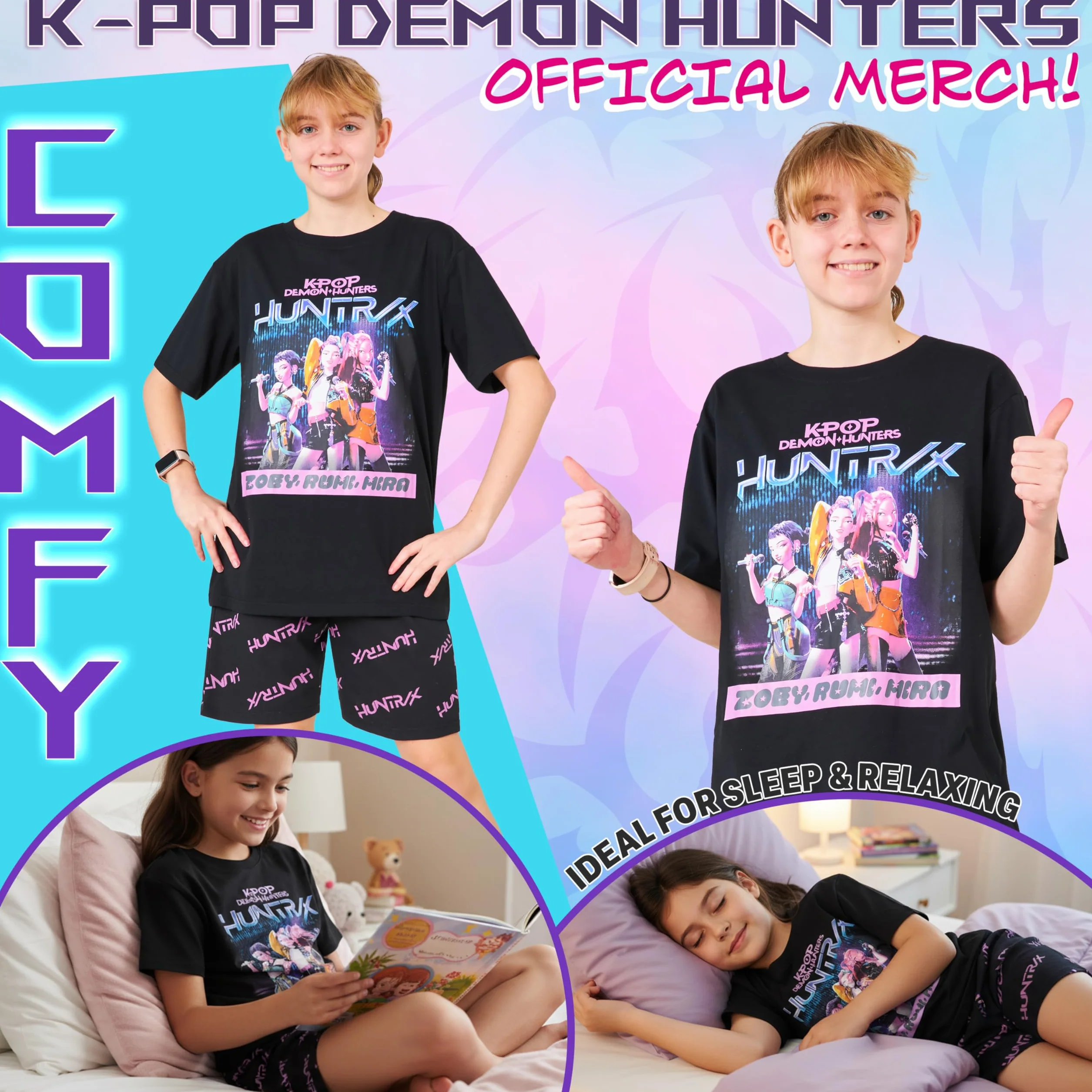 KPop Demon Hunters Oficjalny zestaw piżamy dla dziewcząt, szorty i t-shirt, Huntrix Saja Boys Derpy Tiger, prezent dla dzieci