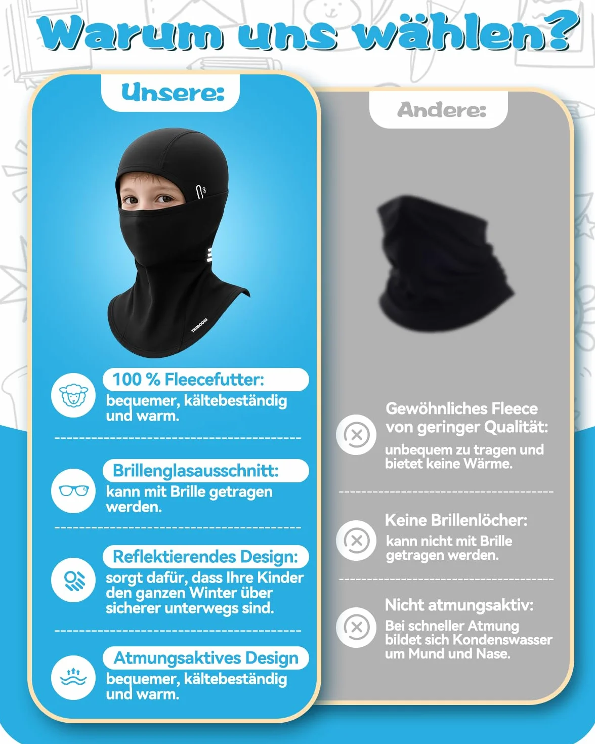 Kominiarka dziecięca na zimę | Odblaskowa, wiatroszczelna, ciepła Balaclava | na rower, snowboard, narty | Skimaska dla chłopców i dziewczynek, Rozmiar uniwersalny