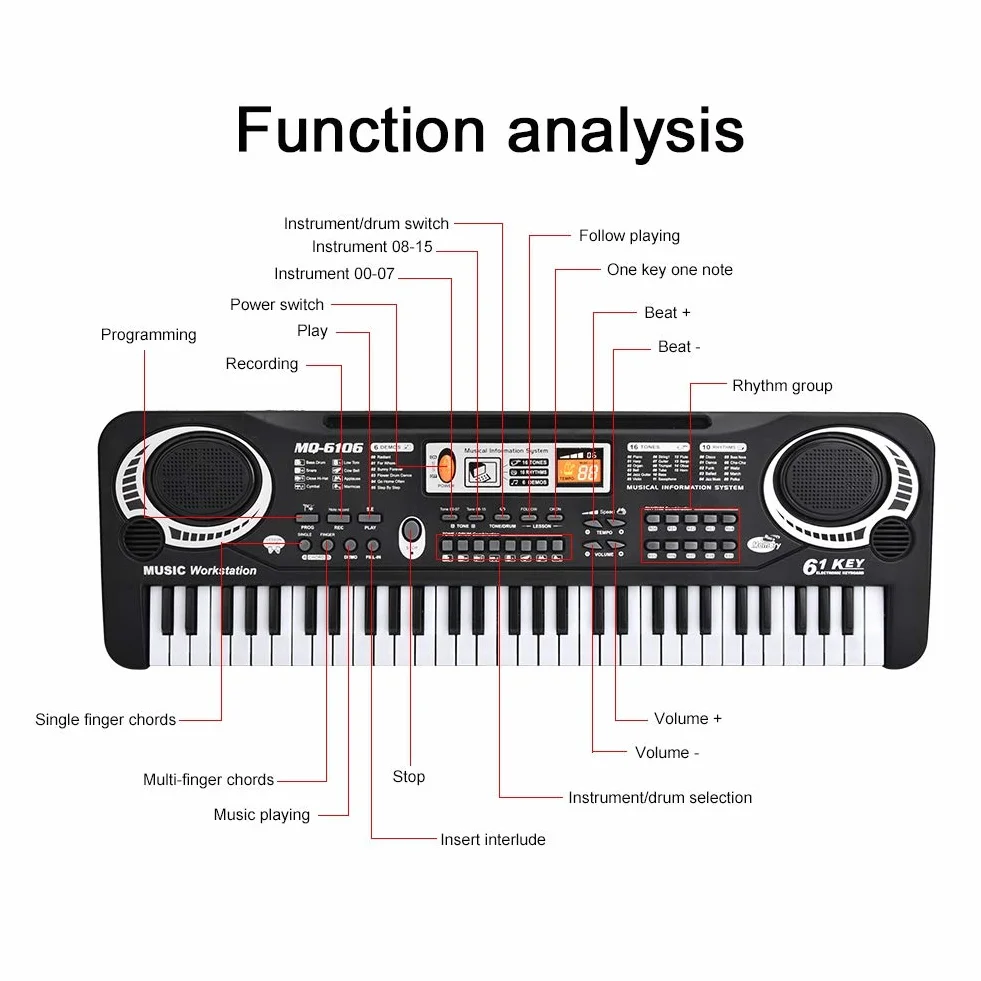 Pianino cyfrowe 61 klawiszy, przenośne pianino cyfrowe z mini mikrofonem dla dzieci, z 6 prezentacjami, regulacją rytmu i głośności, 54 x 17,5 x 5,5 cm