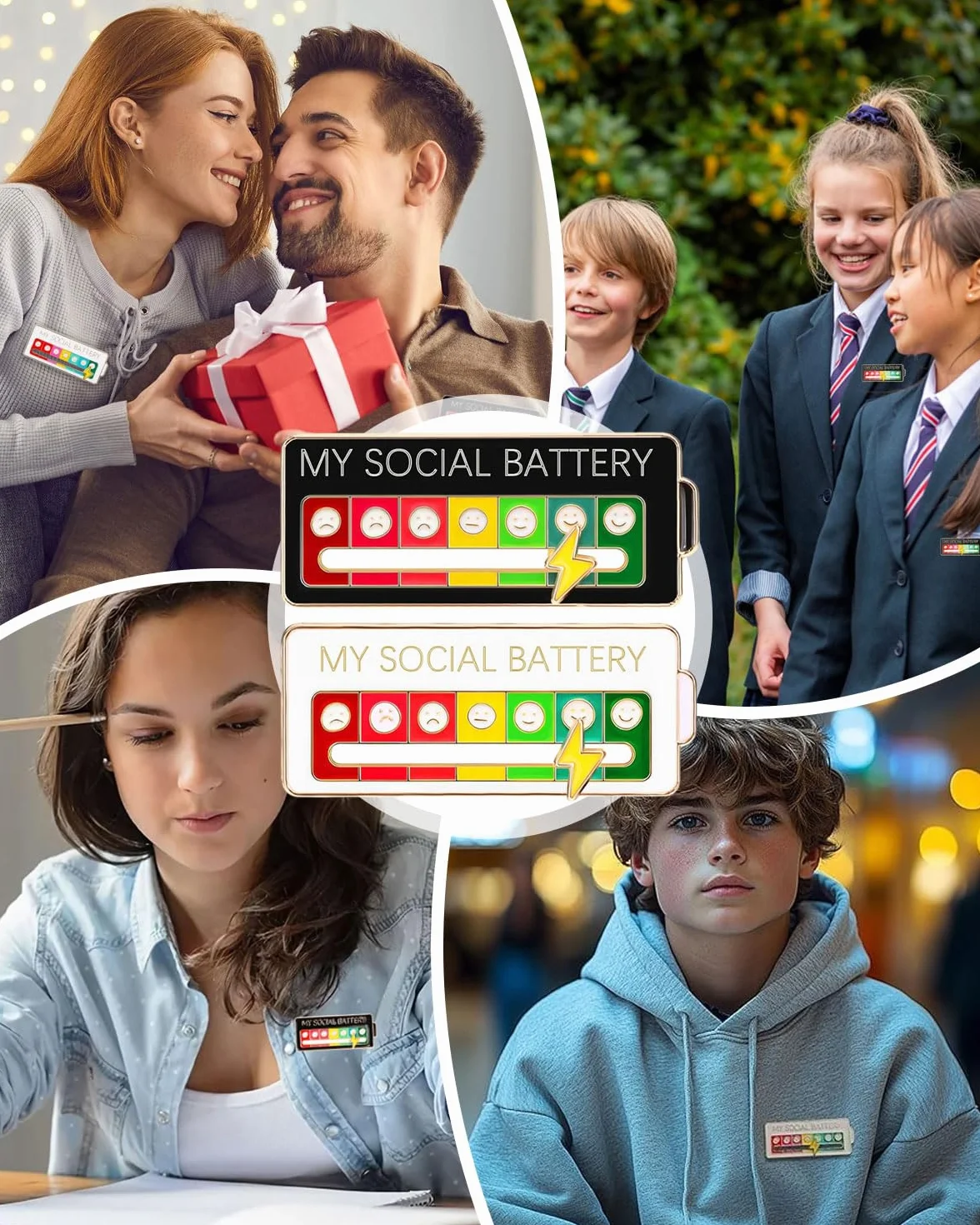 4 szt. Social Battery Pin, Suwak Social Battery Badge, My Social Baterie Pin My Social Pin Social Pin Bateria Social Pin 7 dni, czarny + biały, A