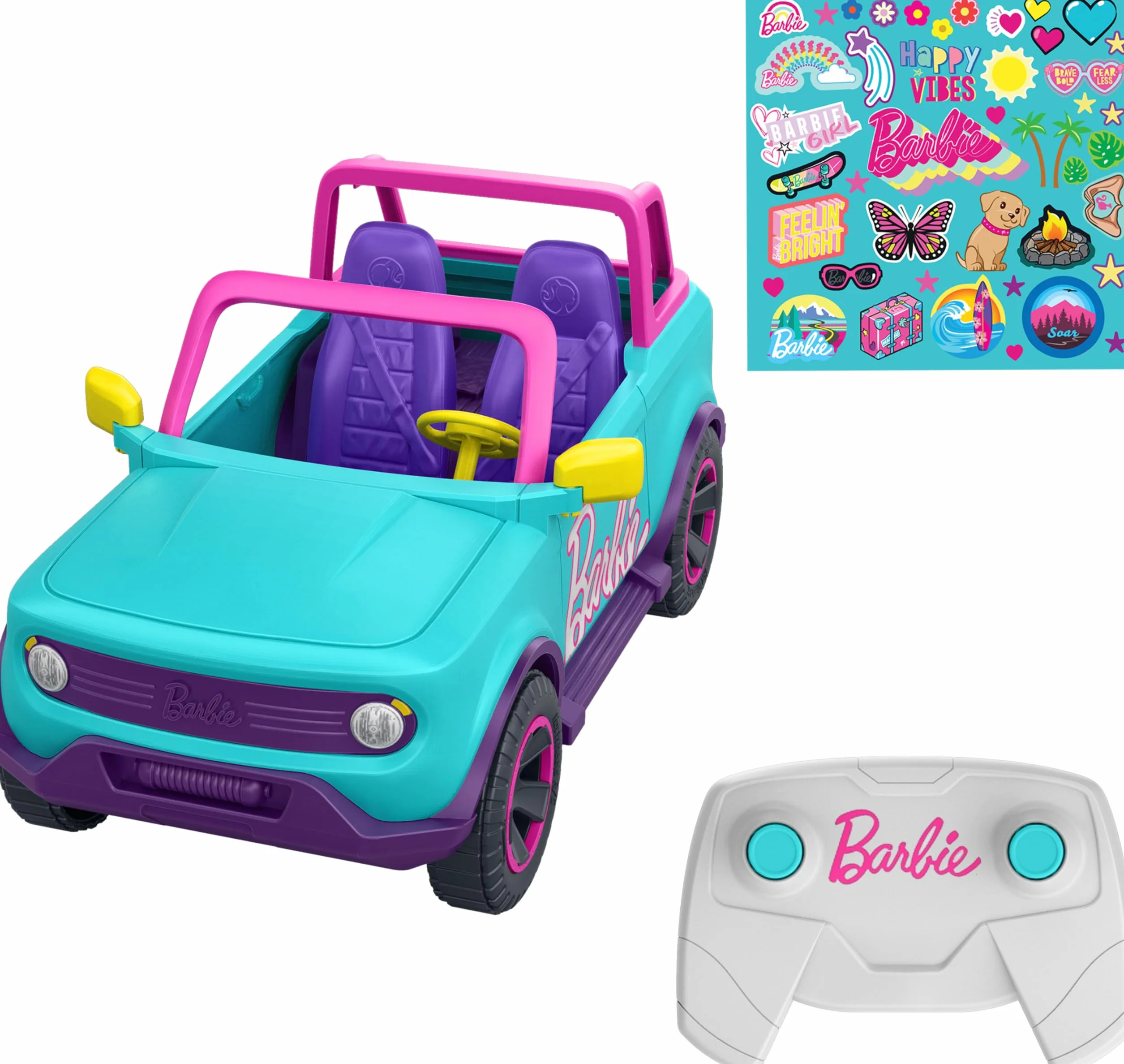 Hot Wheels RC Barbie SUV Pojazd zdalnie sterowany w skali 1:12 z miejscem na 2 lalki Barbie i naklejkami do personalizacji, HTP53