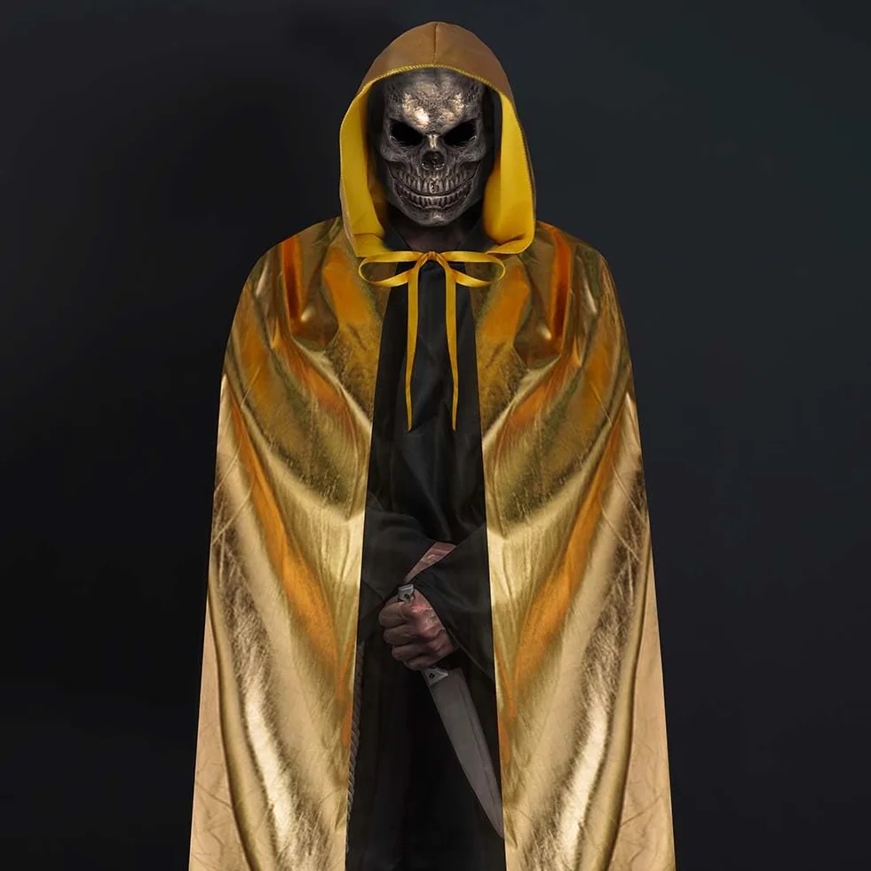 Aomig Peleryna z kapturem dla dorosłych, długa peleryna z kapturem, akcesoria dla czarownic, tajemniczy dodatek cosplay, bajkowy magik, kostium na Halloween, 150 cm, materiał do stemplowania