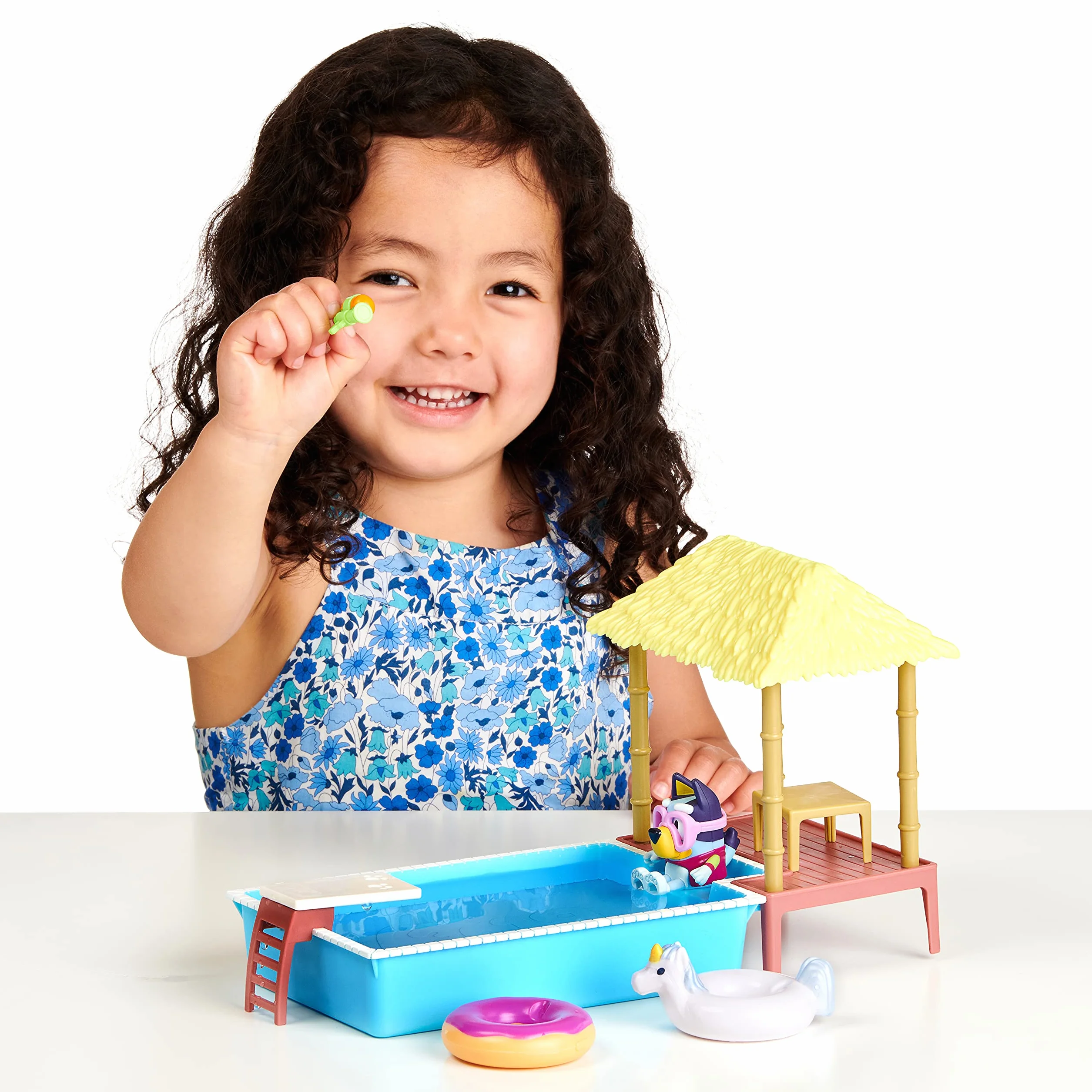 Bluey Pool Time Fun Playset: Bluey figure in Swim Suit, Pool with Diving Board and Deck and 4 Pool Accessories