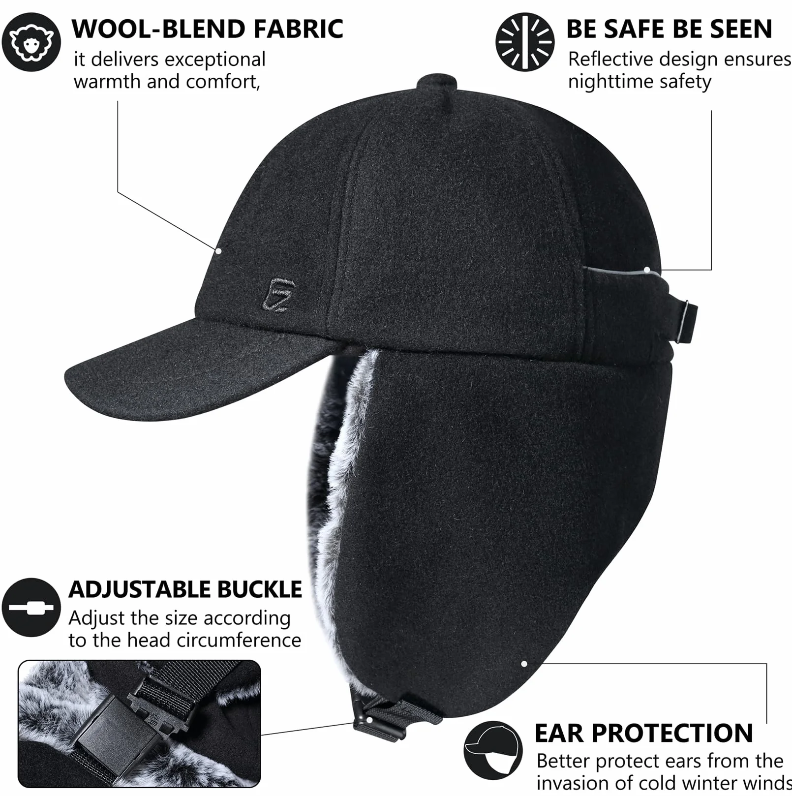 GADIEMKENSD Zimowa wełniana czapka baseballowa unisex z klapkami na uszy ze sztucznego futra, czapka traperska z odblaskową linią
