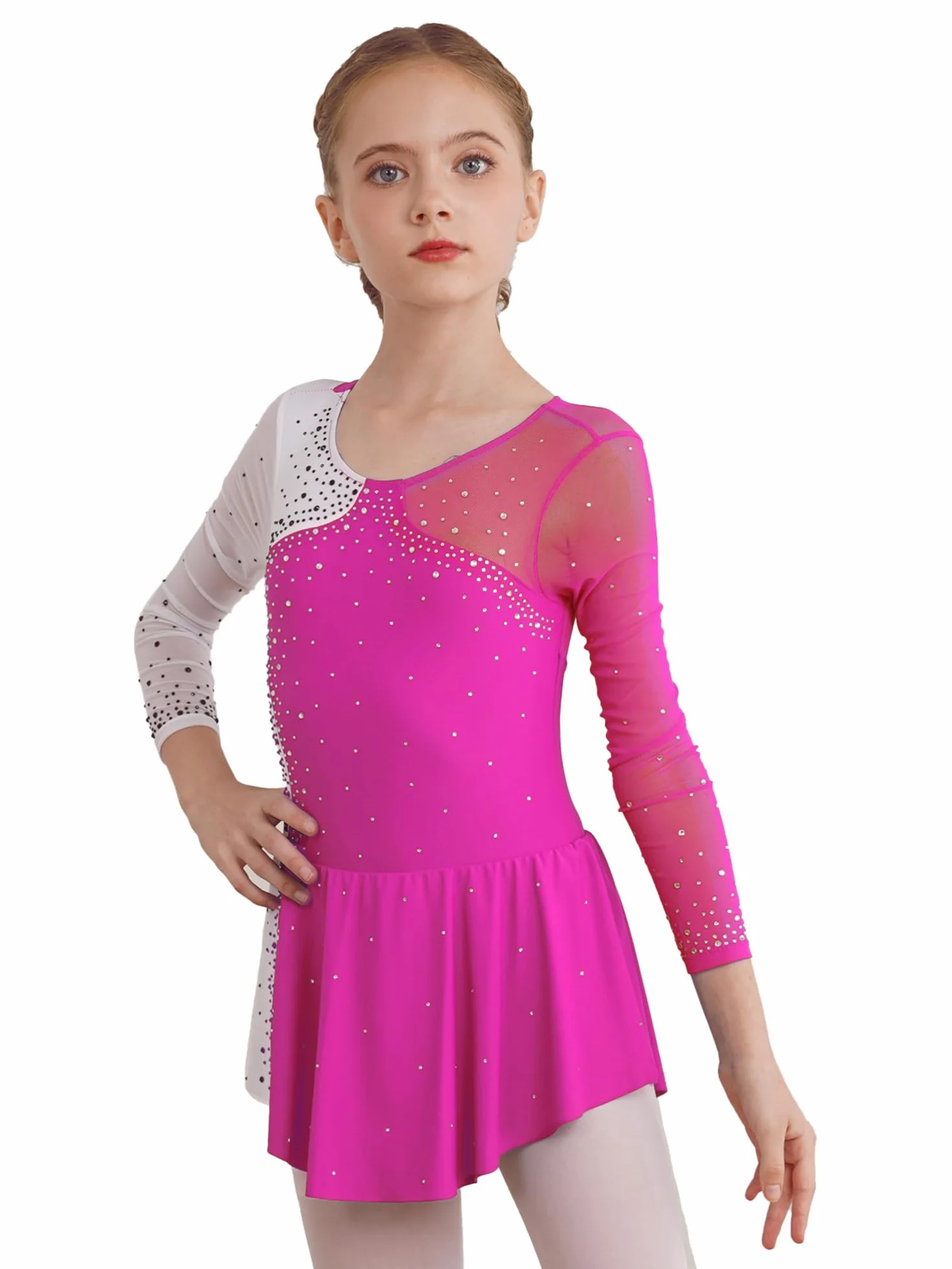 CHICTRY Sukienka do jazdy na łyżwiarstwie figurowym, dla dziewcząt, stras, brokatowa, baleriny, sukienka dziecięca, z długim rękawem, strój baletowy, patchwork, body z asymetryczną spódnicą kopertową