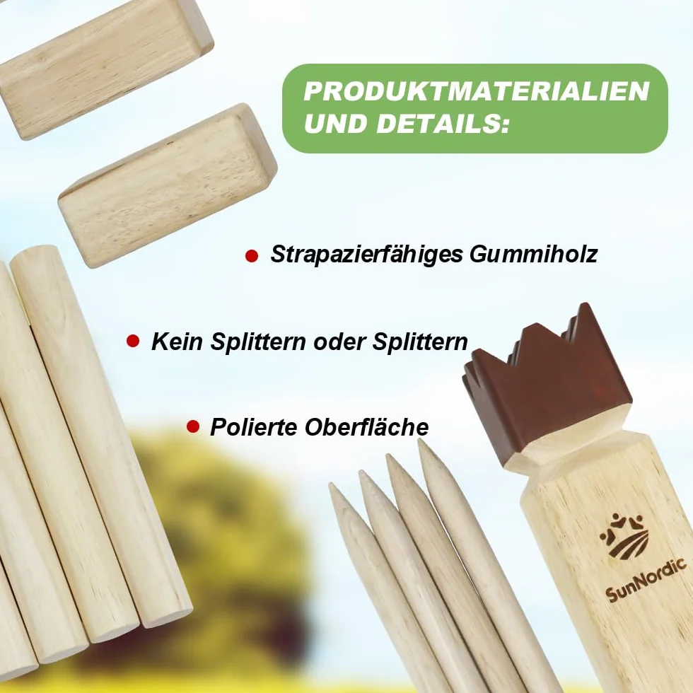 SunNordic Kubb Wikingów szwedzka szachowa z drewna gumowego zestaw z torbą i instrukcją