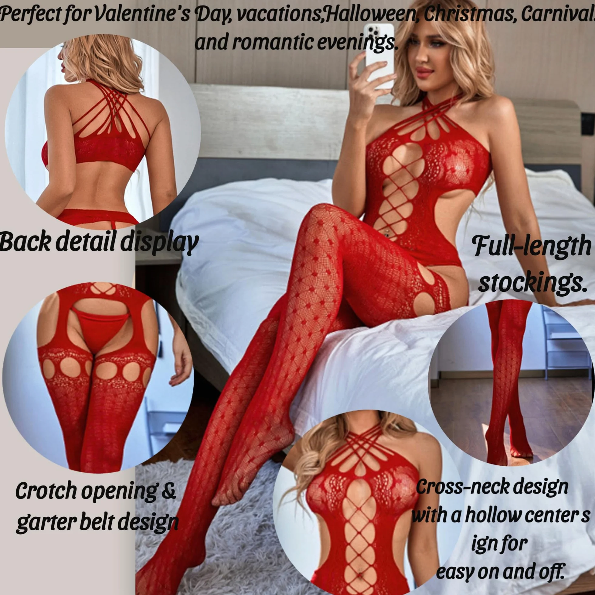 V-Ting Seksowna bielizna dla kobiet, bezszwowy kombinezon typu kot, damskie rajstopy typu fishnet bodysuit, bielizna nocna, bielizna nocna, odzież nocna w kroku, otwarta do seksu, Czerwony JCGBLM, S-L