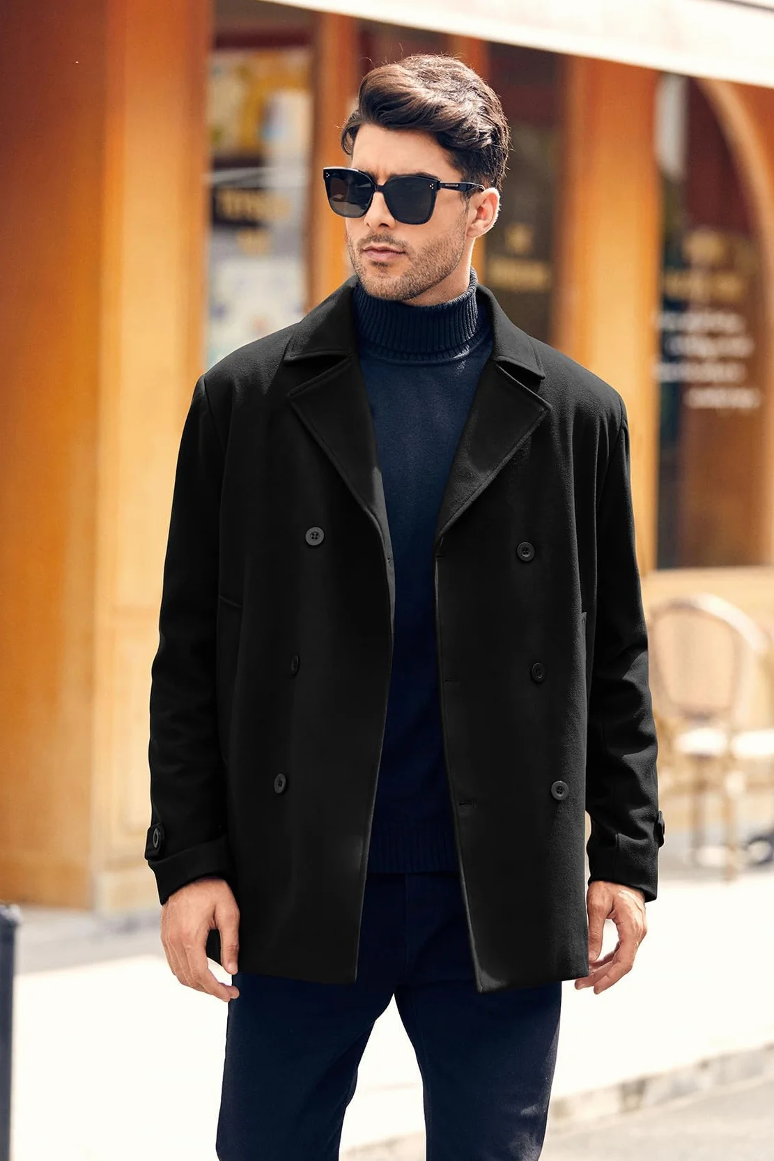 Runcati Męski klasyczny dwurzędowy płaszcz slim fit trencz casualowy długa kurtka zimowa ciepła odzież biznesowa