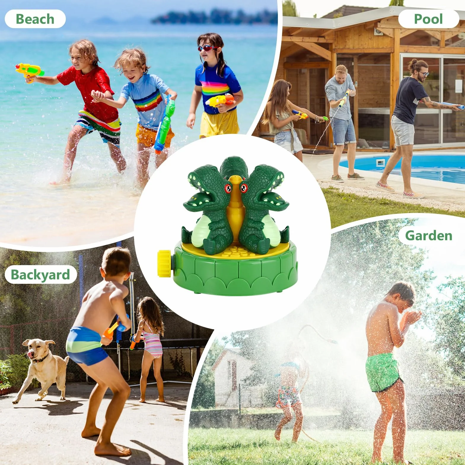 MoKo Dinosaur Sprinkler for Kids-Cute Outdoor Water Toy Spray Swimming Pool Toy with 2 Hose Clamps 3 Nozzles Fun Summer Play Water Toys for Backyard Lawn Garden Game Activities Pet Boys Girls, Green