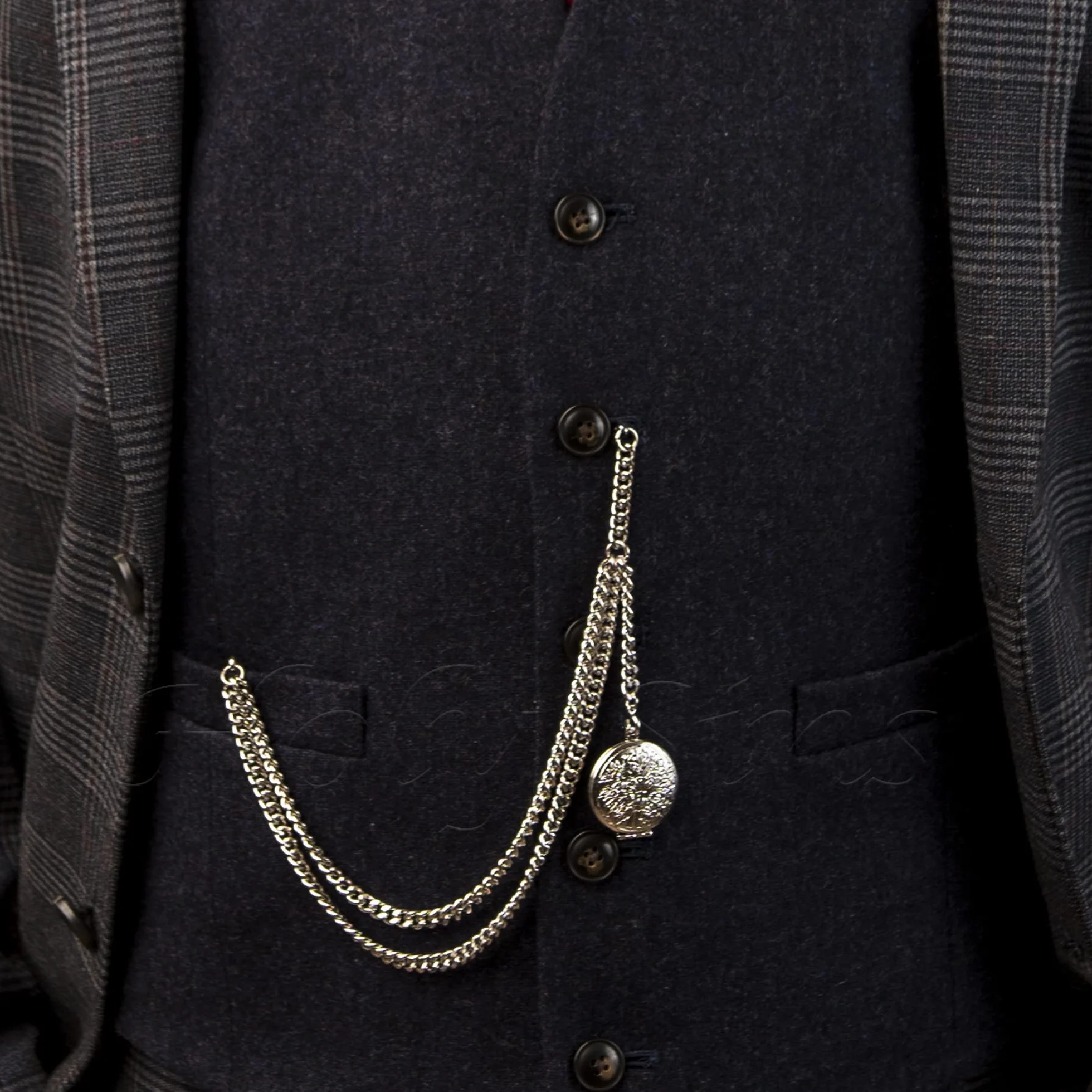 Albert Pocket Watch Chain Srebrny łańcuszek do zegarka kieszonkowego z medalionem na zdjęcie – klasyczny łańcuszek typu Albert z T-bar do kamizelki