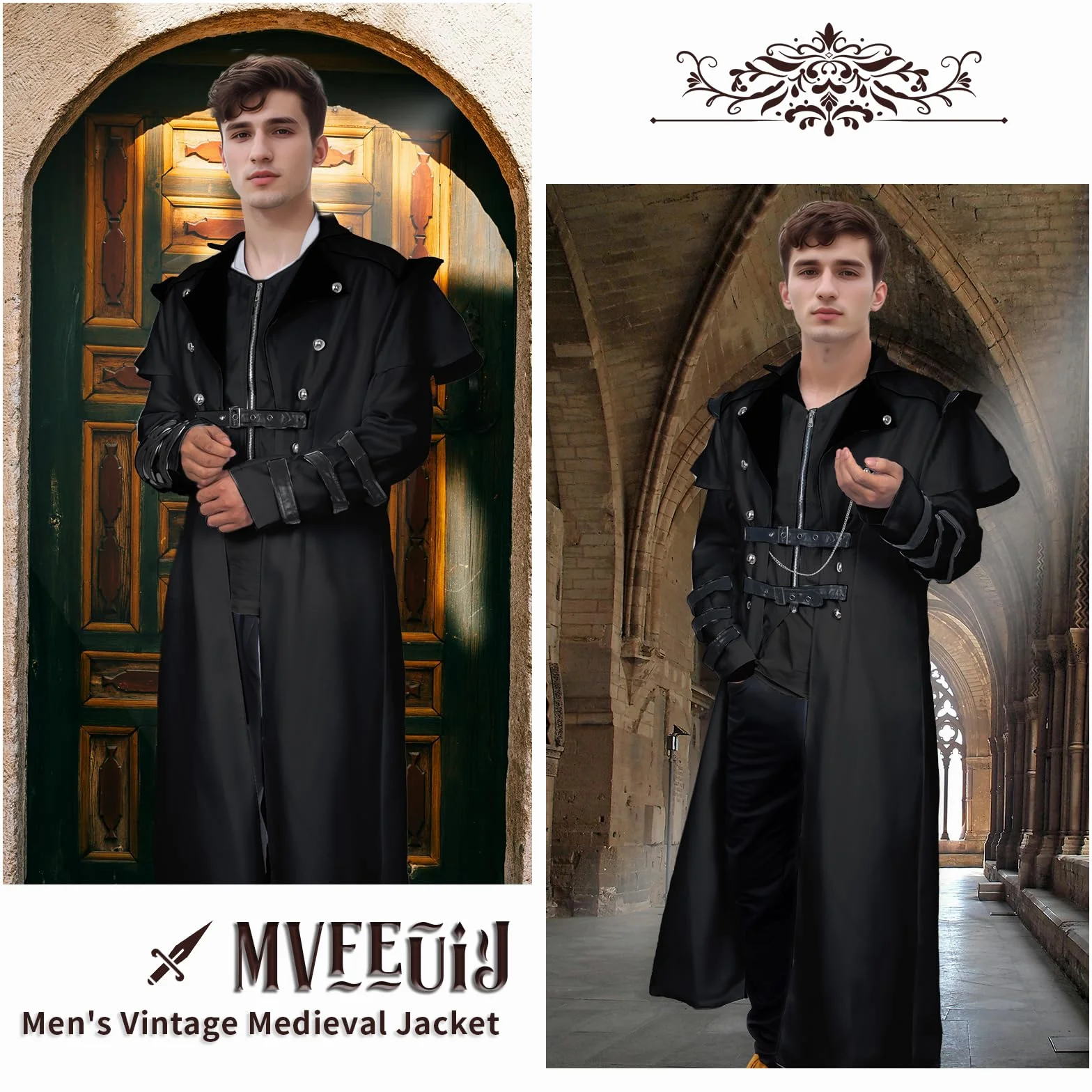 Męska odzież renesansowa w stylu retro, średniowieczna, steampunk, gotycki frak, płaszcz na podwórko, kostium Cosplay, mundur dla mężczyzn na Halloween, karnawał