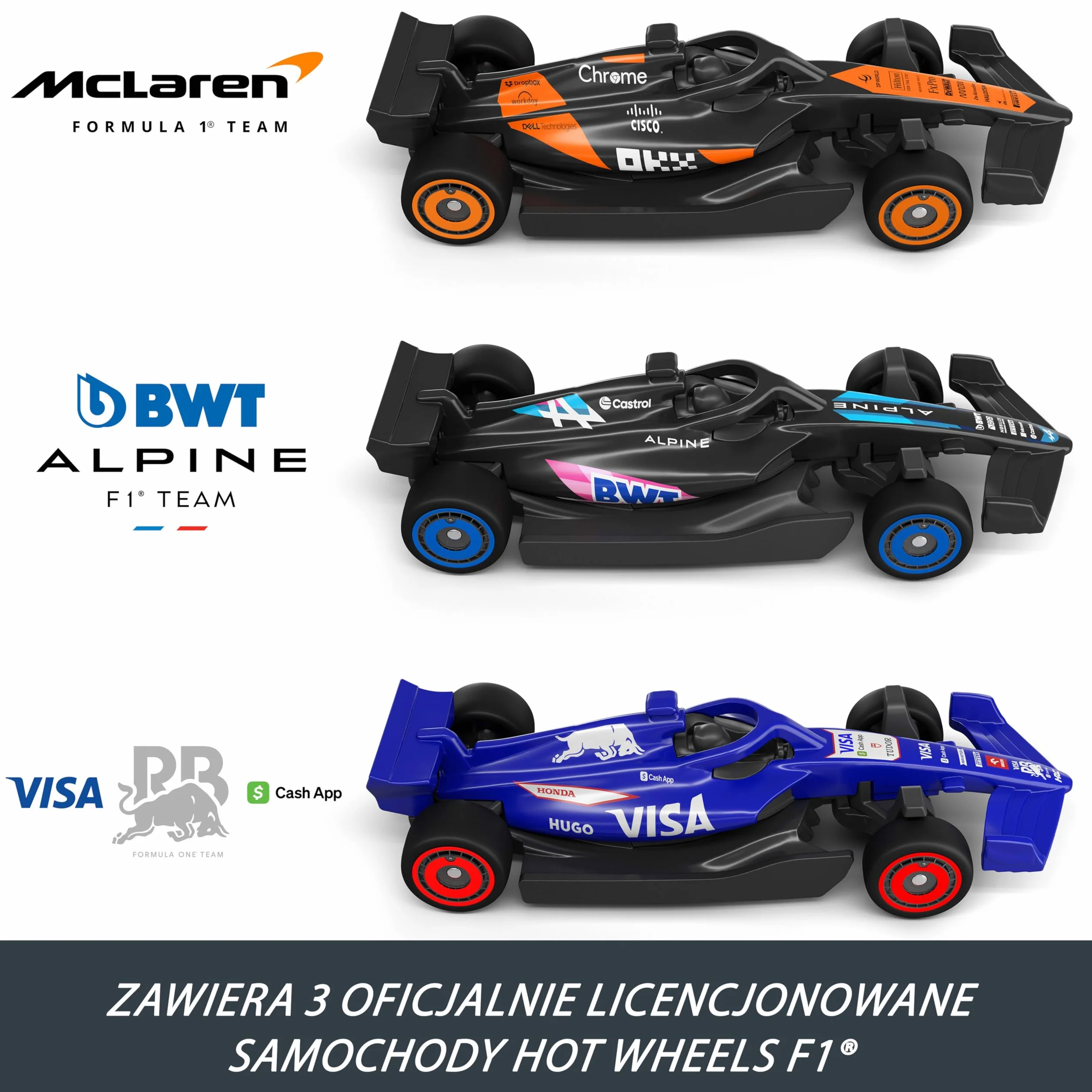 Hot Wheels Racing Formuła 1 Tor wyścigowy Sprint F1 Zestaw do zabawy + 3 metalowe samochody zabawki w skali 1:64 drużyn McLaren, Alpine i VCARB, zabawka dla dzieci 4+, JDY15