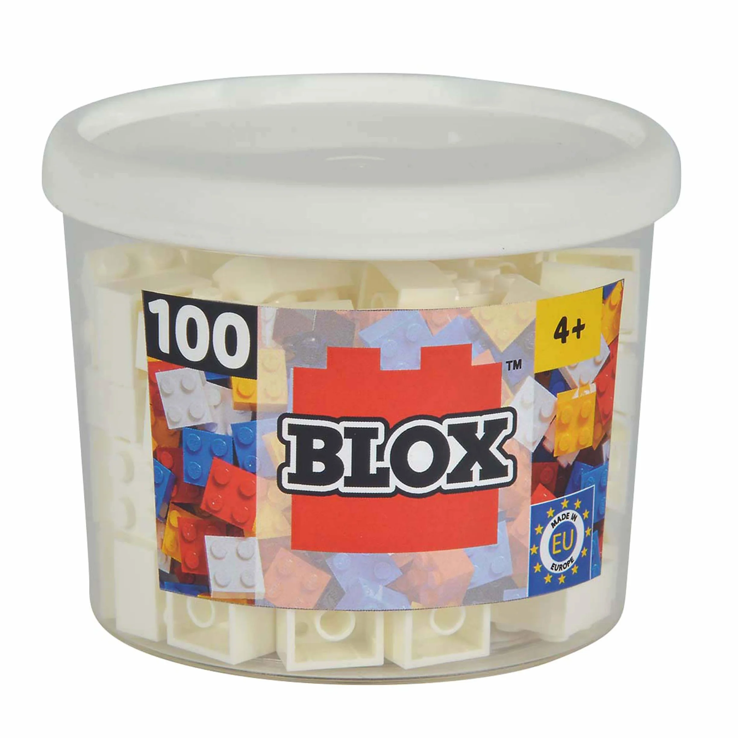 Simba 104114113 Blox, 100 białych klocków dla dzieci od 3 lat, 4 kamienie, w zestawie puszka, wysoka jakość, w pełni kompatybilne z wieloma innymi producentami