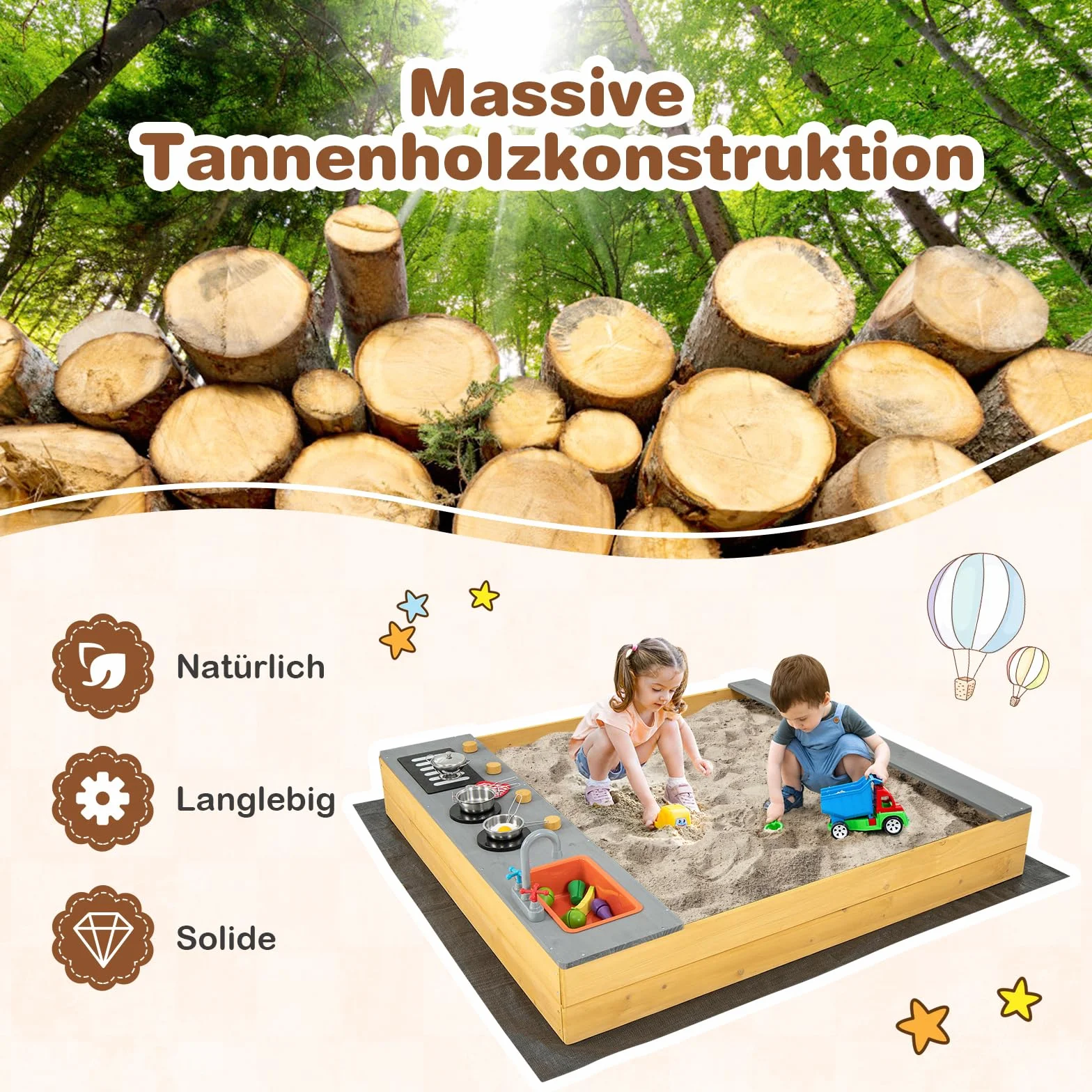 COSTWAY Piaskownica z litego drewna, piaskownica z 9 akcesoriami kuchennymi, kranem i umywalką, piaskownica z podkładką, piaskownica dla dzieci, piaskownica na zewnątrz, do ogrodu, na plażę, balkon