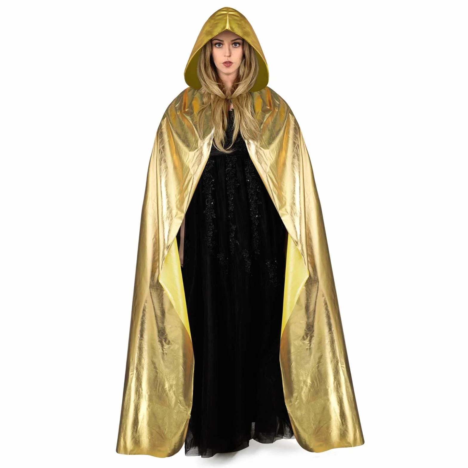 Aomig Peleryna z kapturem dla dorosłych, długa peleryna z kapturem, akcesoria dla czarownic, tajemniczy dodatek cosplay, bajkowy magik, kostium na Halloween, 150 cm, materiał do stemplowania