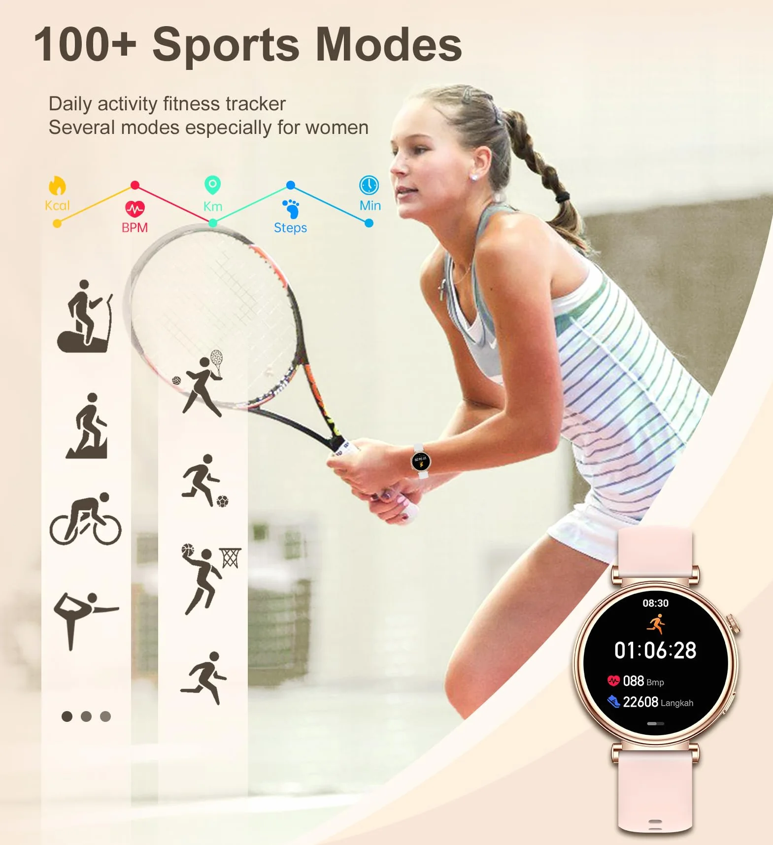 Smartwatch damski z funkcją telefonu, 1,27" HD ekran dotykowy 41 mm, tracker fitness z 100+ trybami sportowymi, monitorem cyklu menstruacyjnego, monitorem snu, krokomierzem, okrągły Smart Watch do iOS